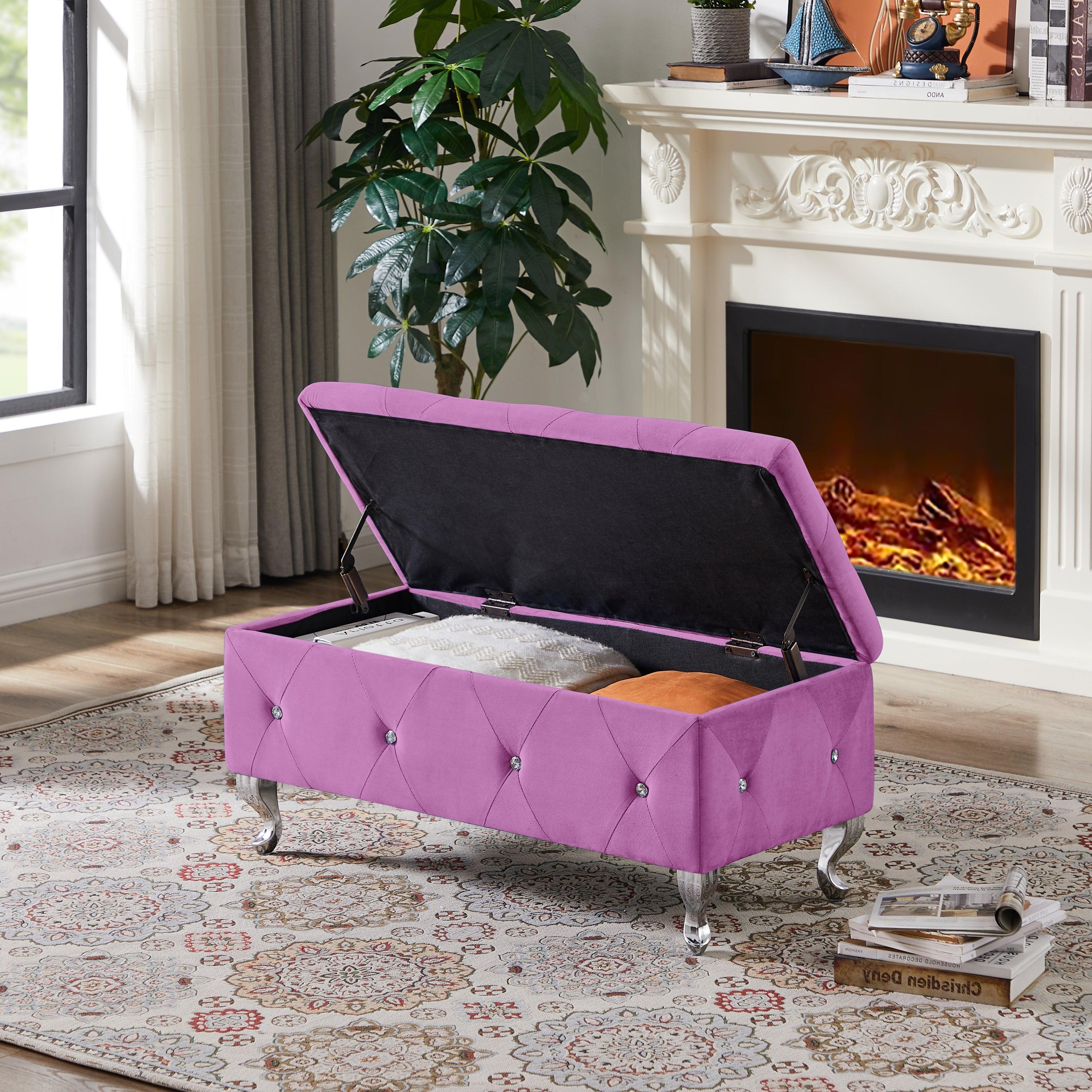 Storage Bench, Flip Top Entryway Bench Seat with Safety Hinge,Storage Chest with Padded Seat, Bed End Stool for Hallway Living Room Bedroom, Supports 250 lbs,Purple Velvet