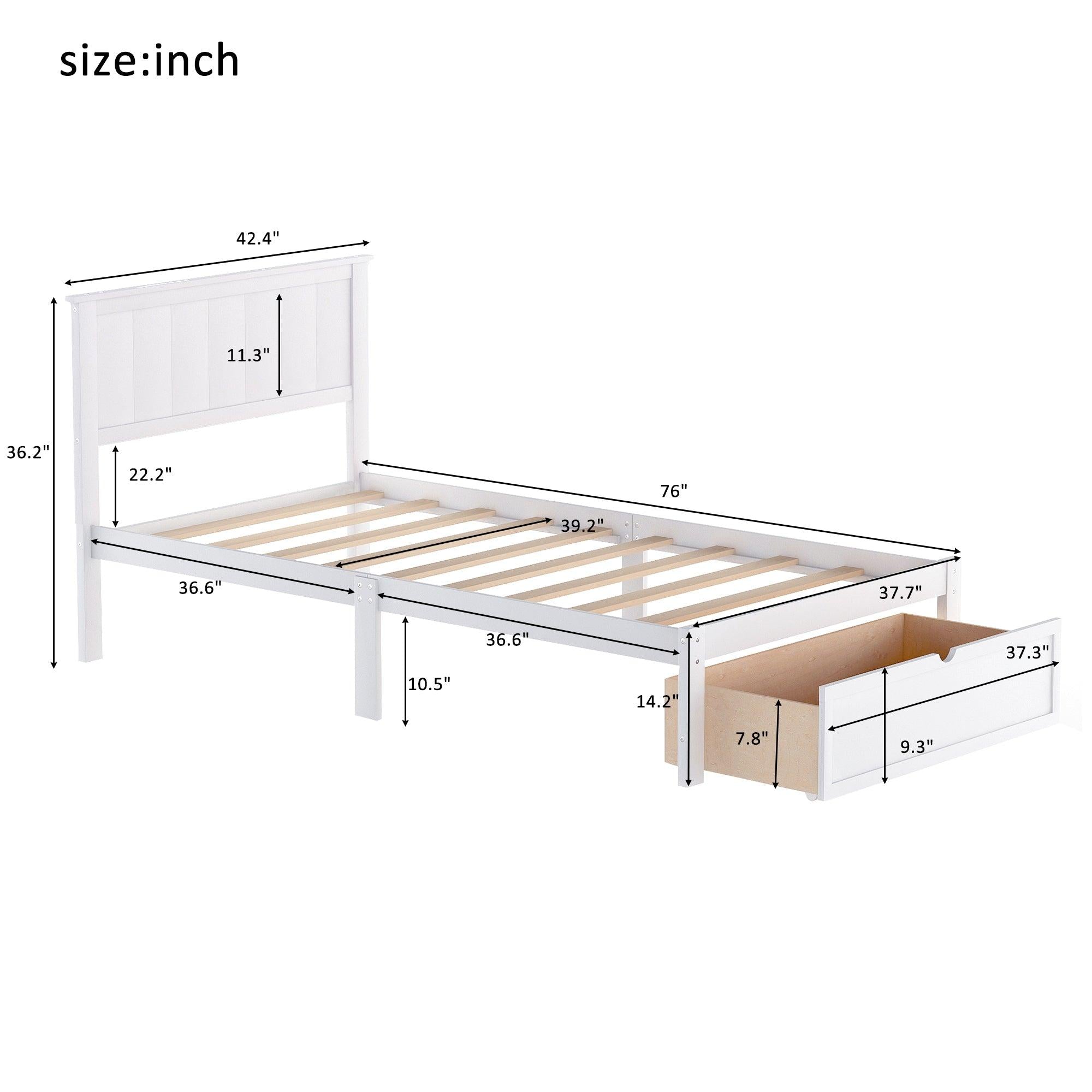 Twin Size Platform Bed with Under-bed Drawer, White