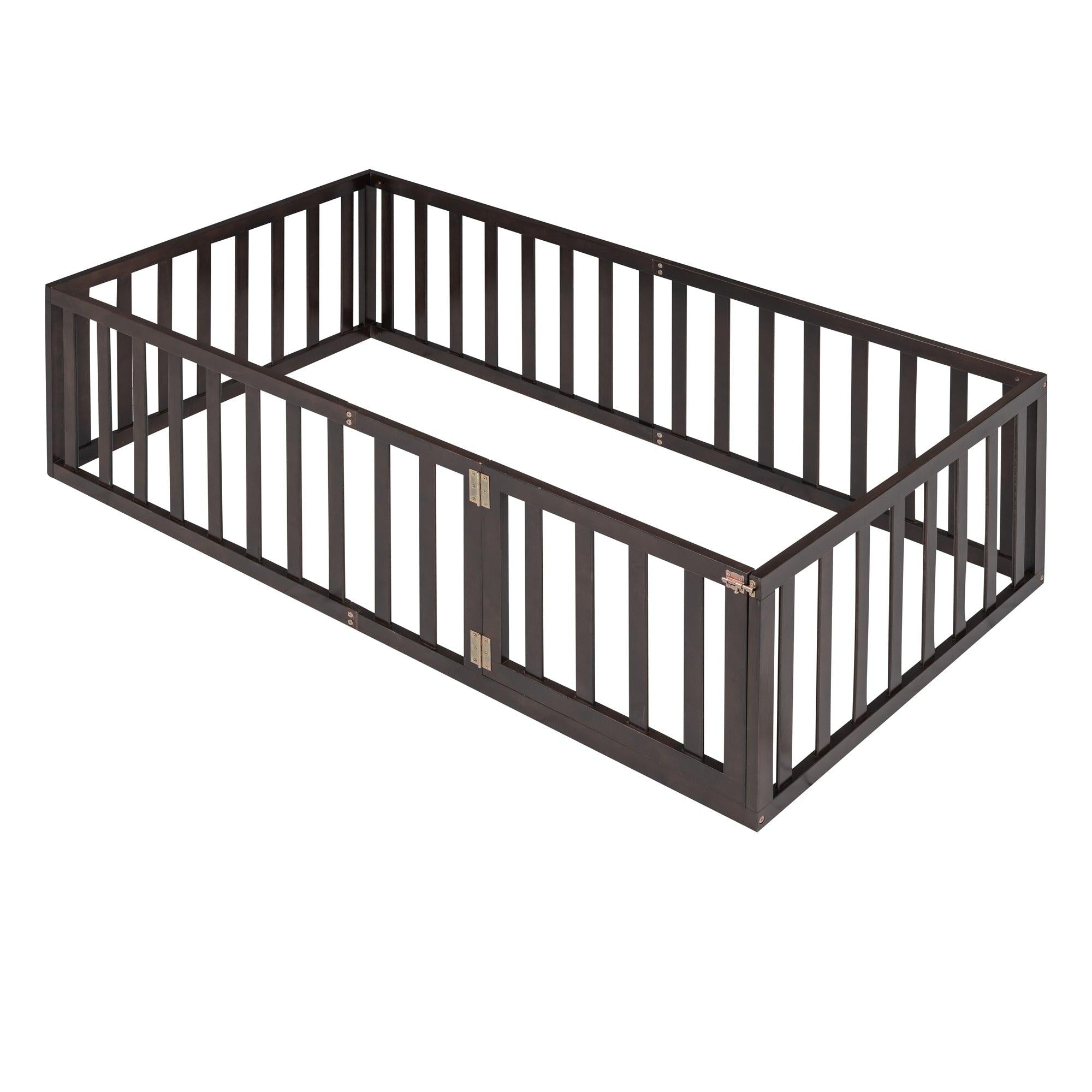 Twin Size Wood Floor Bed Frame with Fence and Door, Walnut