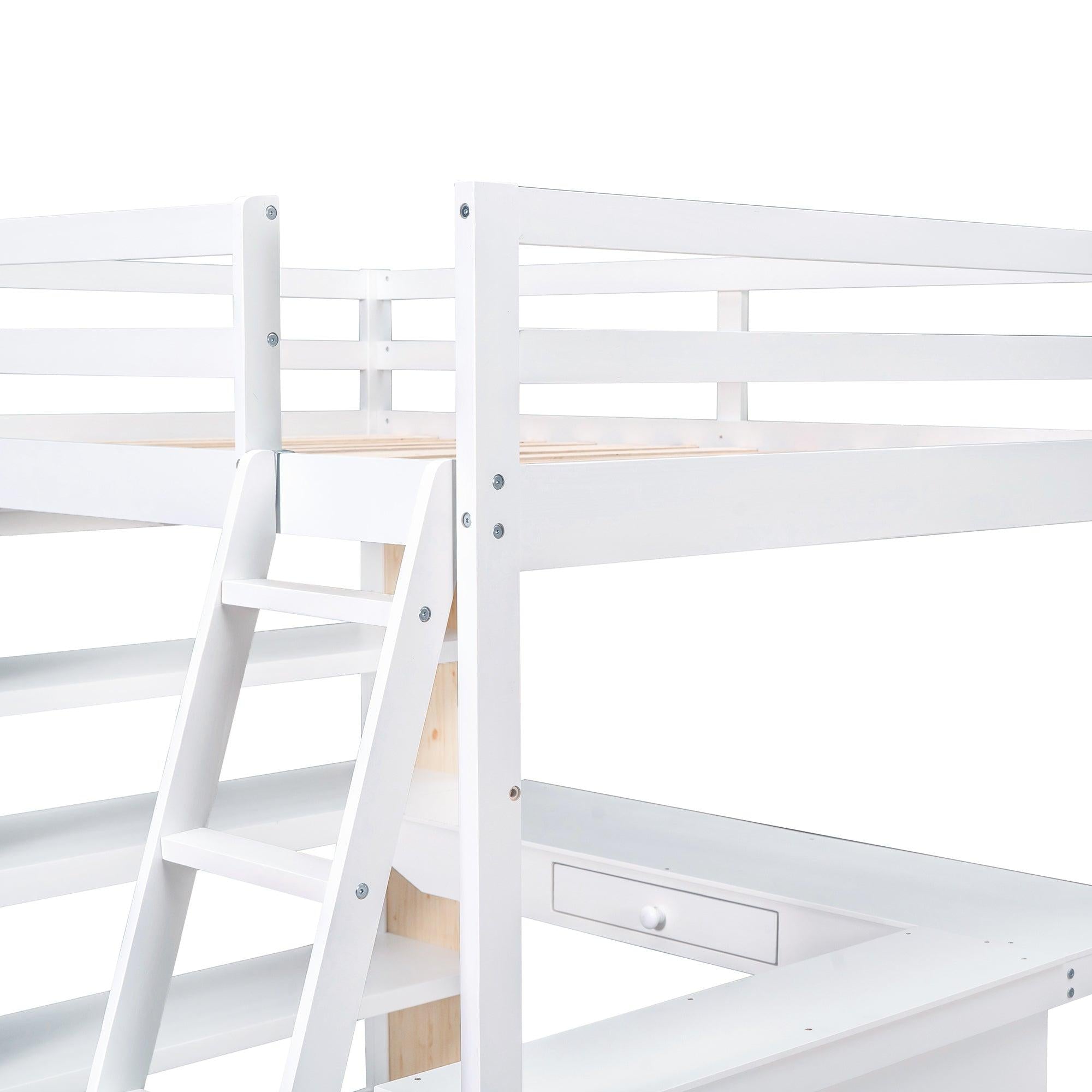 Full Size Loft Bed with Ladder, Shelves, and Desk, White