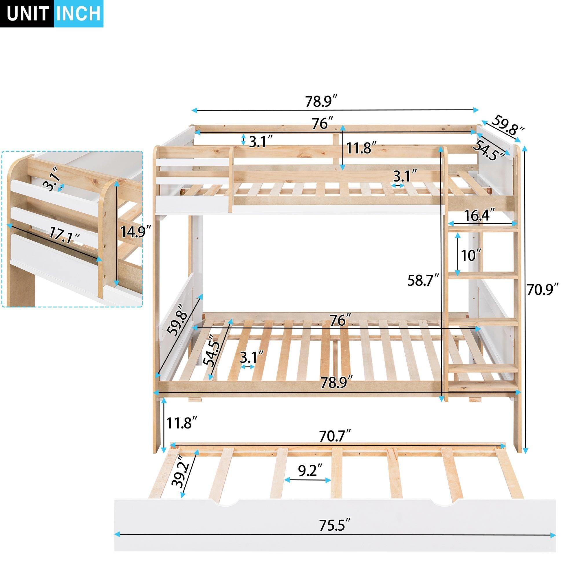 Full over Full Bunk Bed withStorage Shelves, Twin Size Trundle and Ladder - White