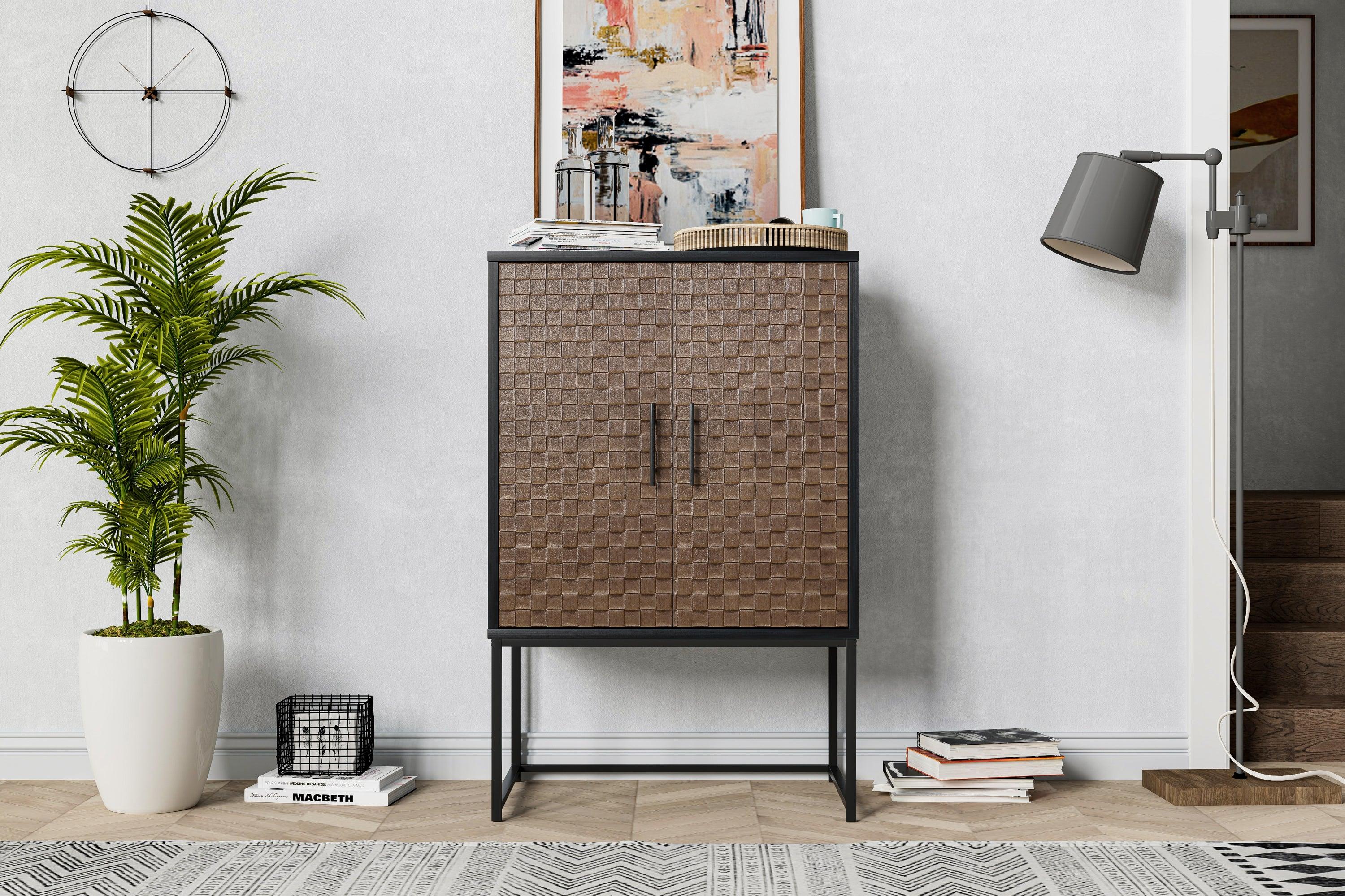 2 door cabinet,Runway-shaped leatherette finish,Embossed texture