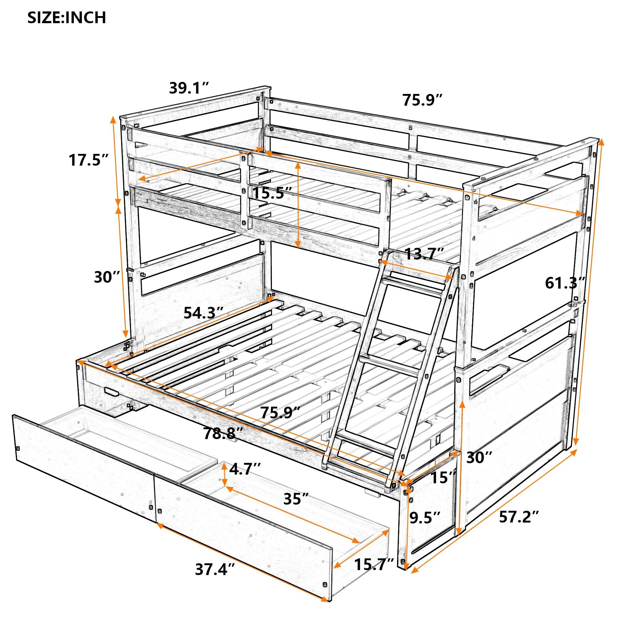 Twin over Full Bunk Bed withStorage - White