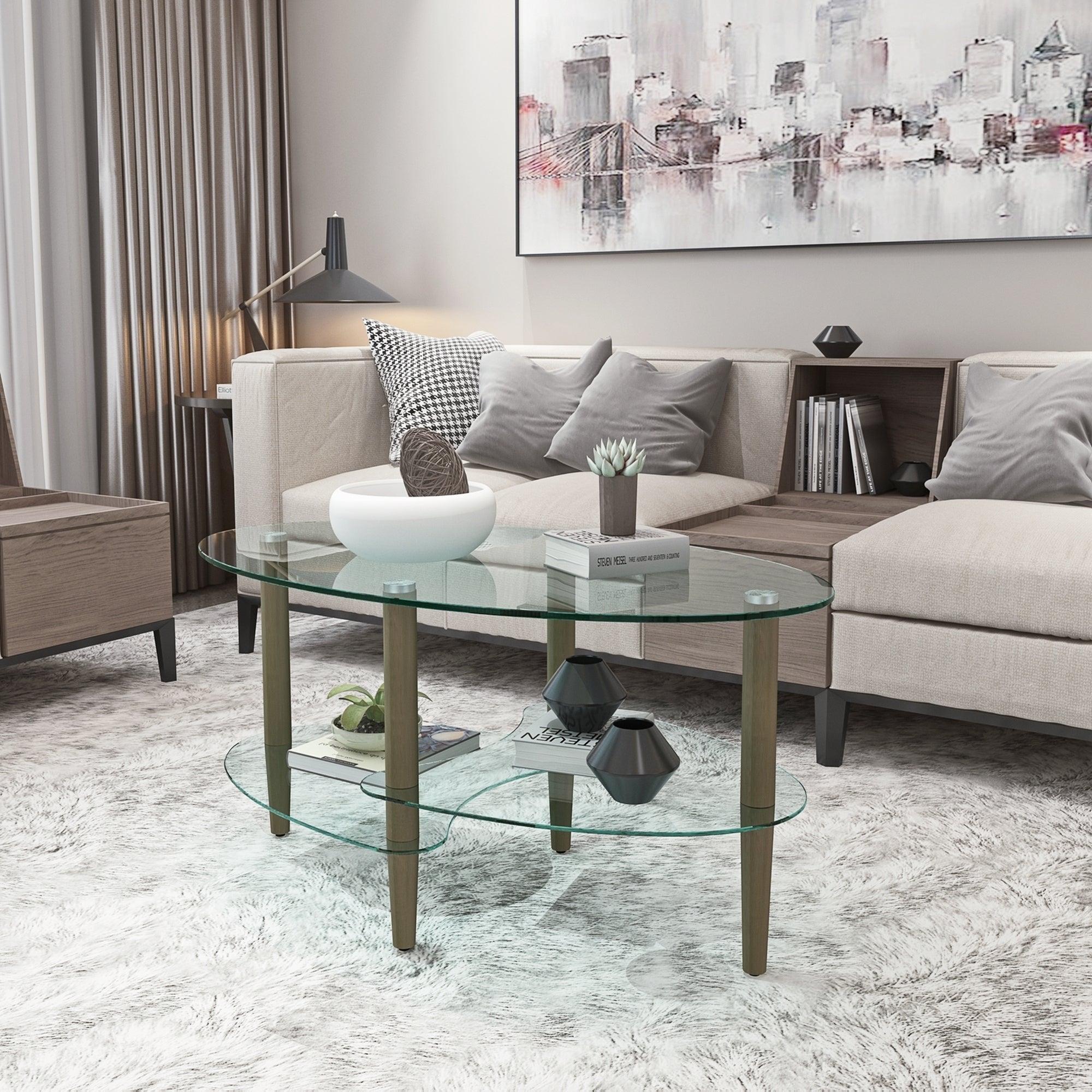 Transparent Oval glass coffee table,Modern table in living room Oak wood leg tea table 3-layer  glass table