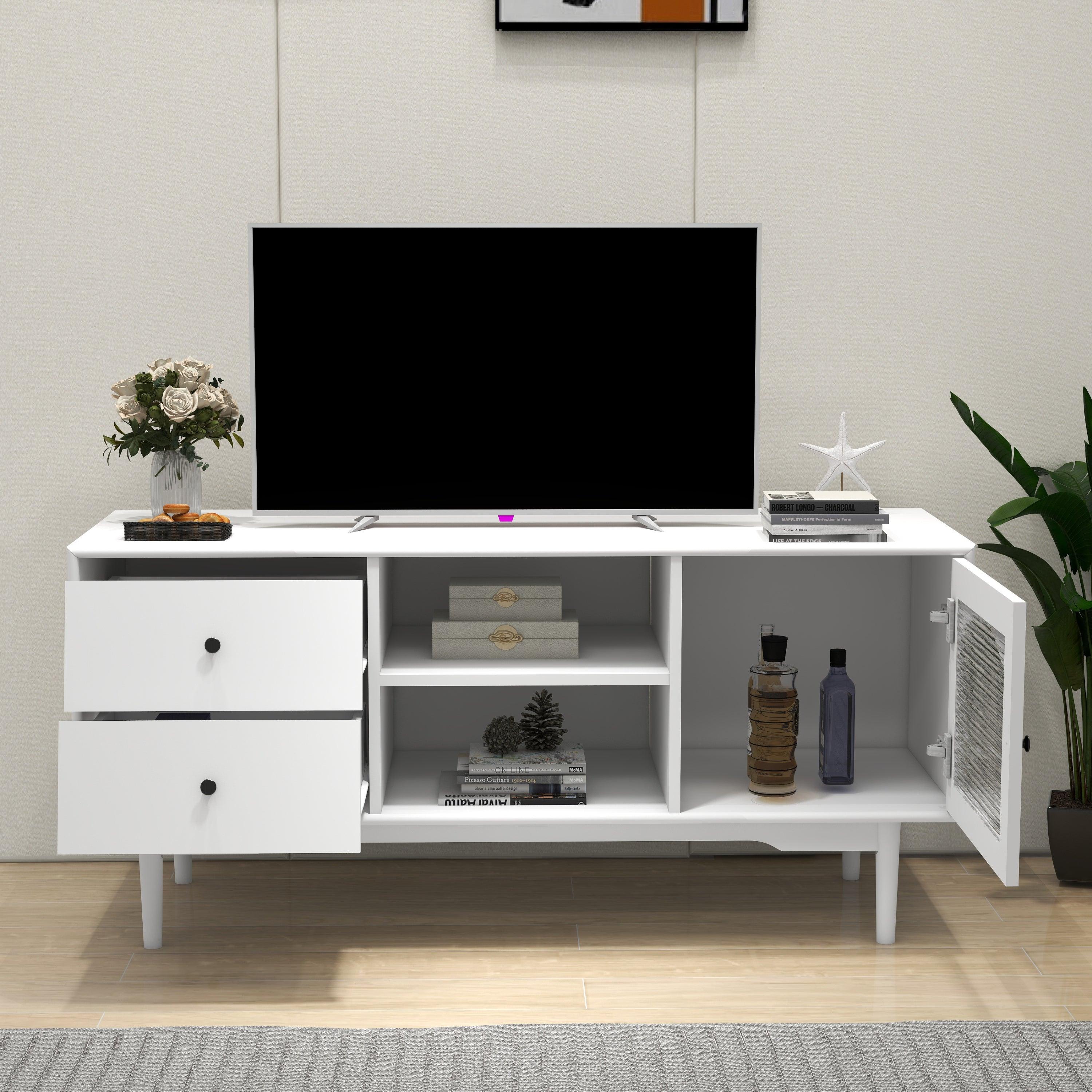 Living Room White TV Stand with Drawers and Open Shelves, A Cabinet with Glass Doors forStorage