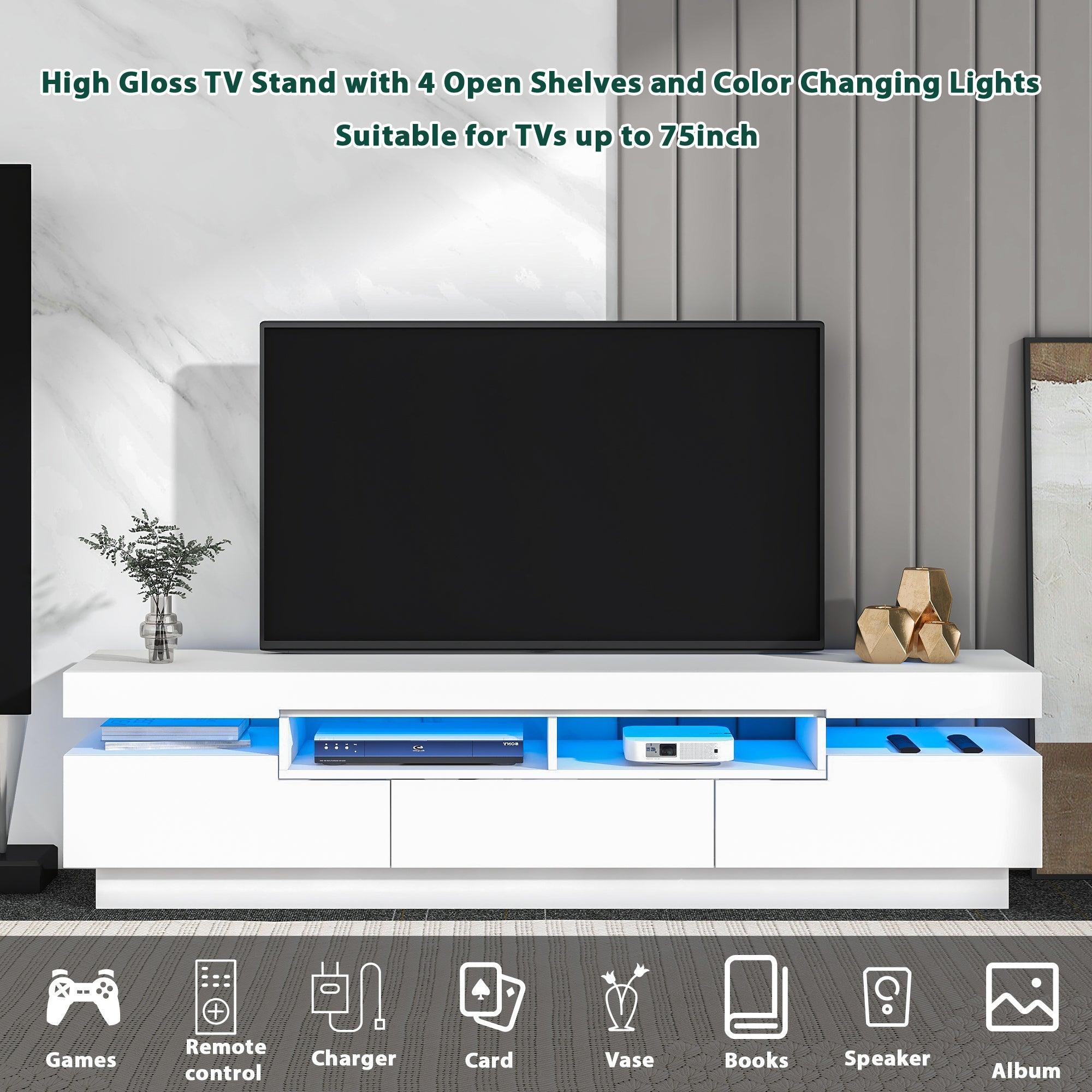 TV Stand with 4 Open Shelves,Modern High Gloss Entertainment Center for 75 Inch TV, Universal TVStorage Cabinet with 16-color RGB LED Color Changing Lights, White