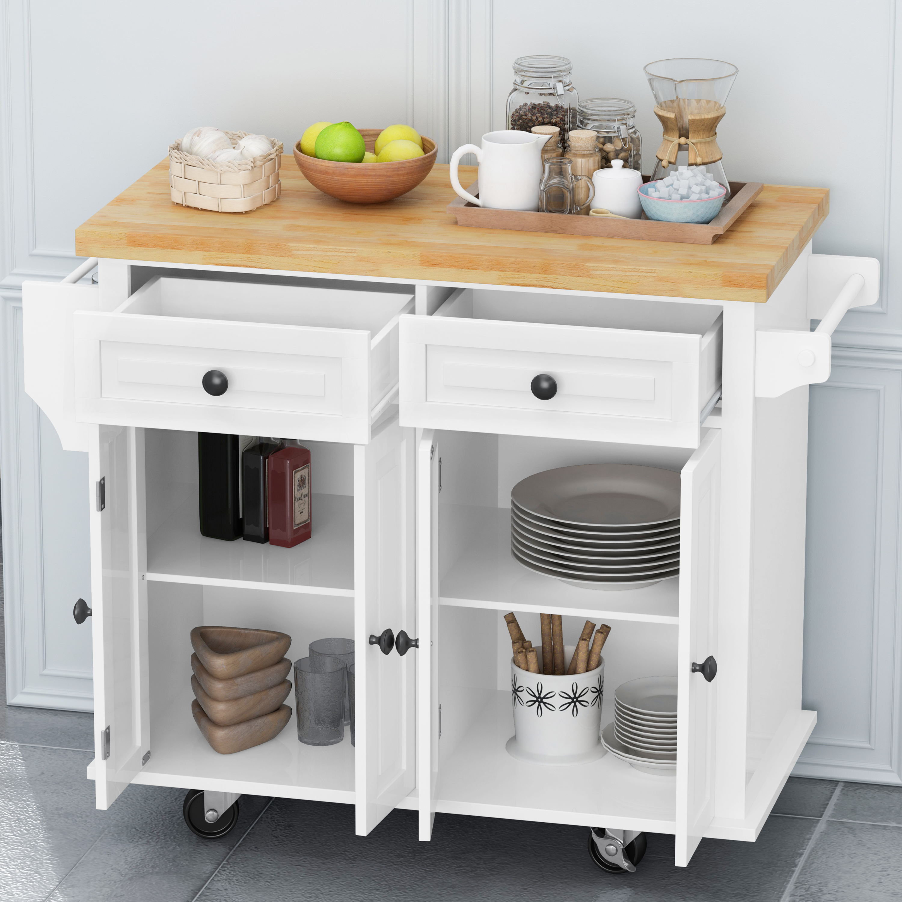 Kitchen Island Cart with TwoStorage Cabinets and Two Locking Wheels，43.31 Inch Width，4 Door Cabinet and Two Drawers，Spice Rack, Towel Rack （White）