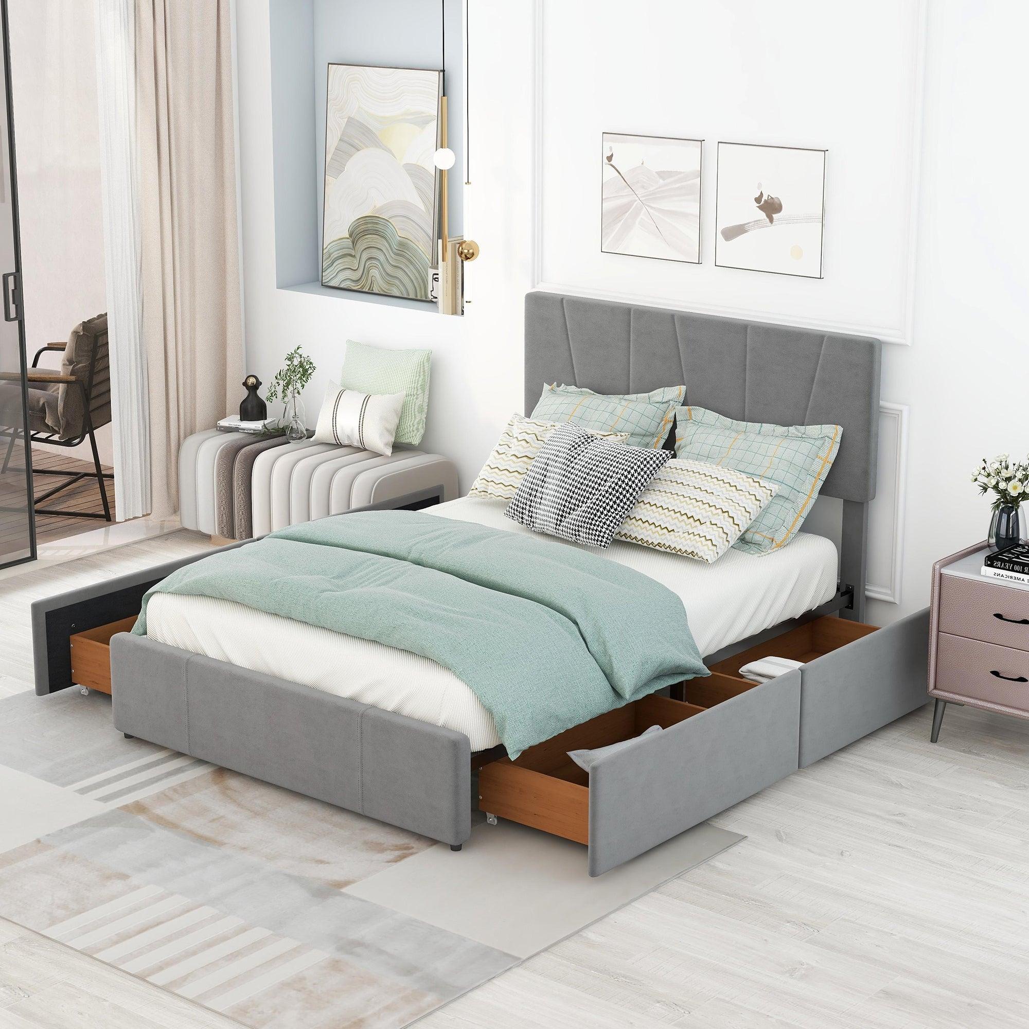 Full Size Upholstery Platform Bed with Four Drawers on Two Sides,Adjustable Headboard,Grey