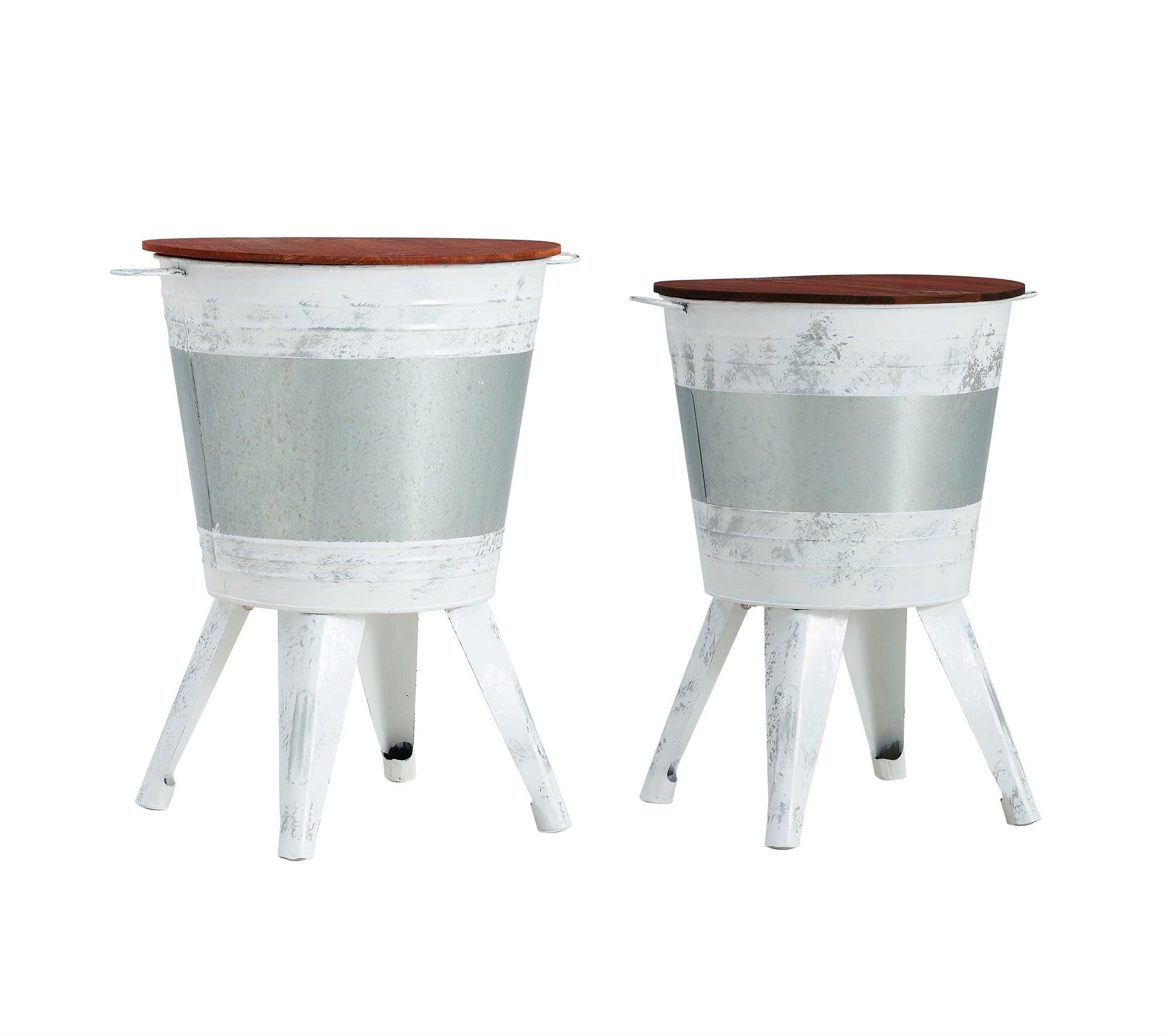 Farmhouse Rustic Distressed Metal Accent Cocktail Table with wood top-WHT, Set of 2