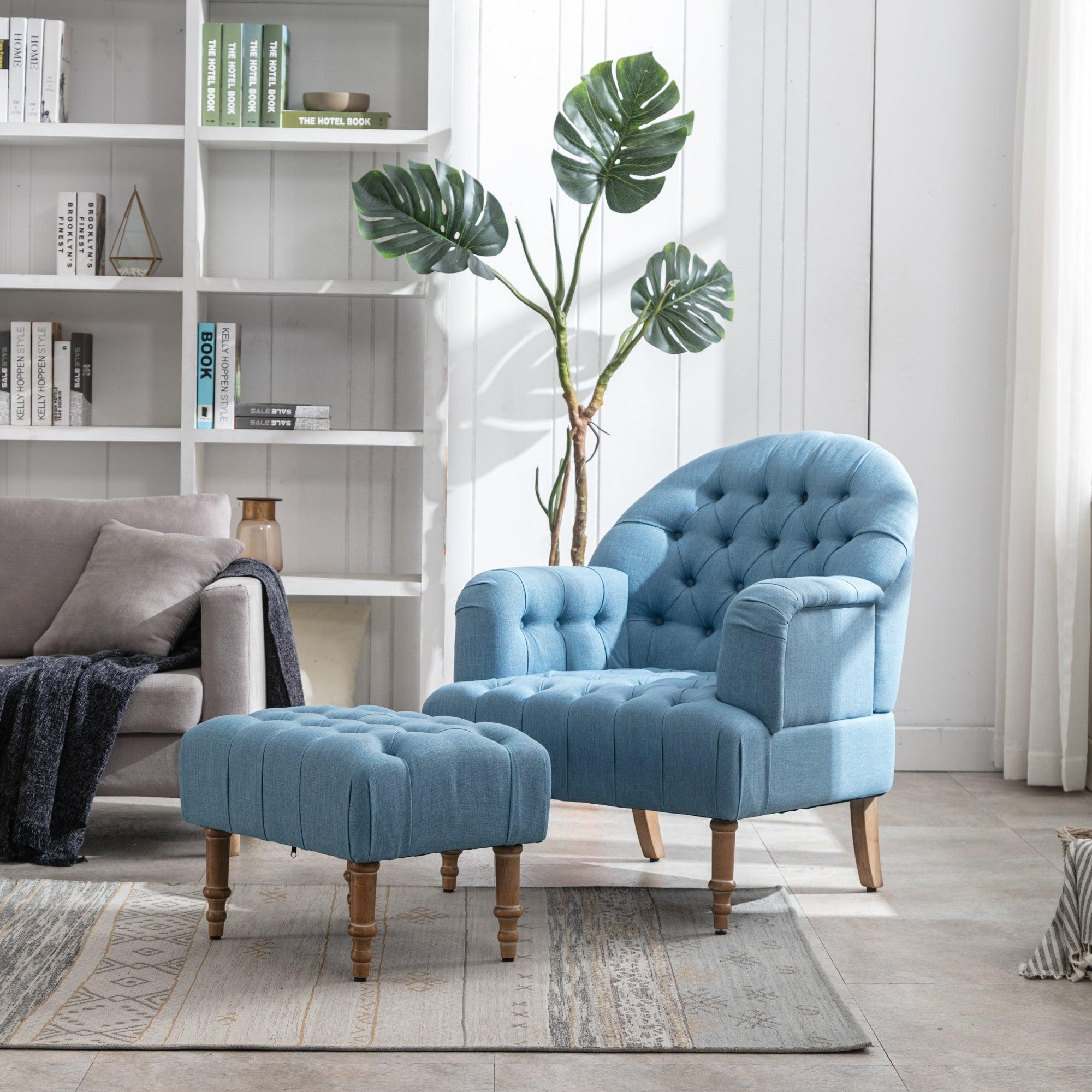 Accent Chair,Button-Tufted Upholstered Chair Set ,Mid CenturyModern Chair with Linen Fabric and Ottoman for Living Room Bedroom Office Lounge,Blue