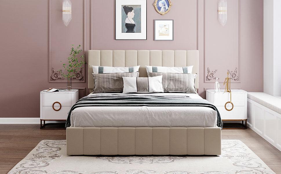 Queen size Upholstered Platform bed with a HydraulicStorage System - Beige