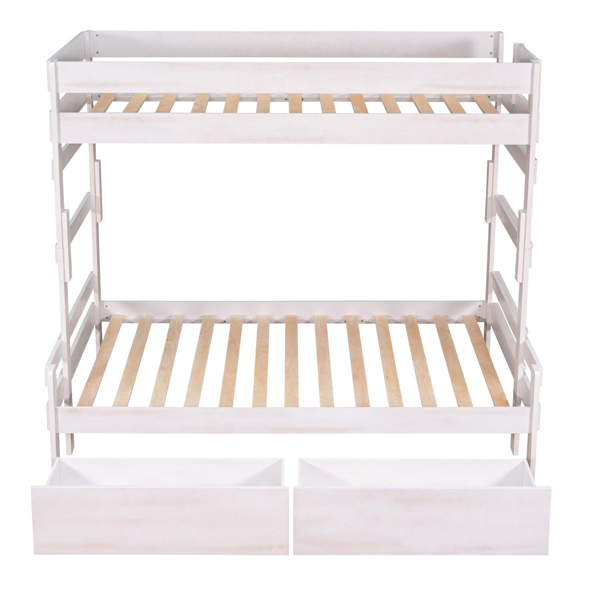 Twin over Full Wood Bunk Bed with 2 Drawers, White