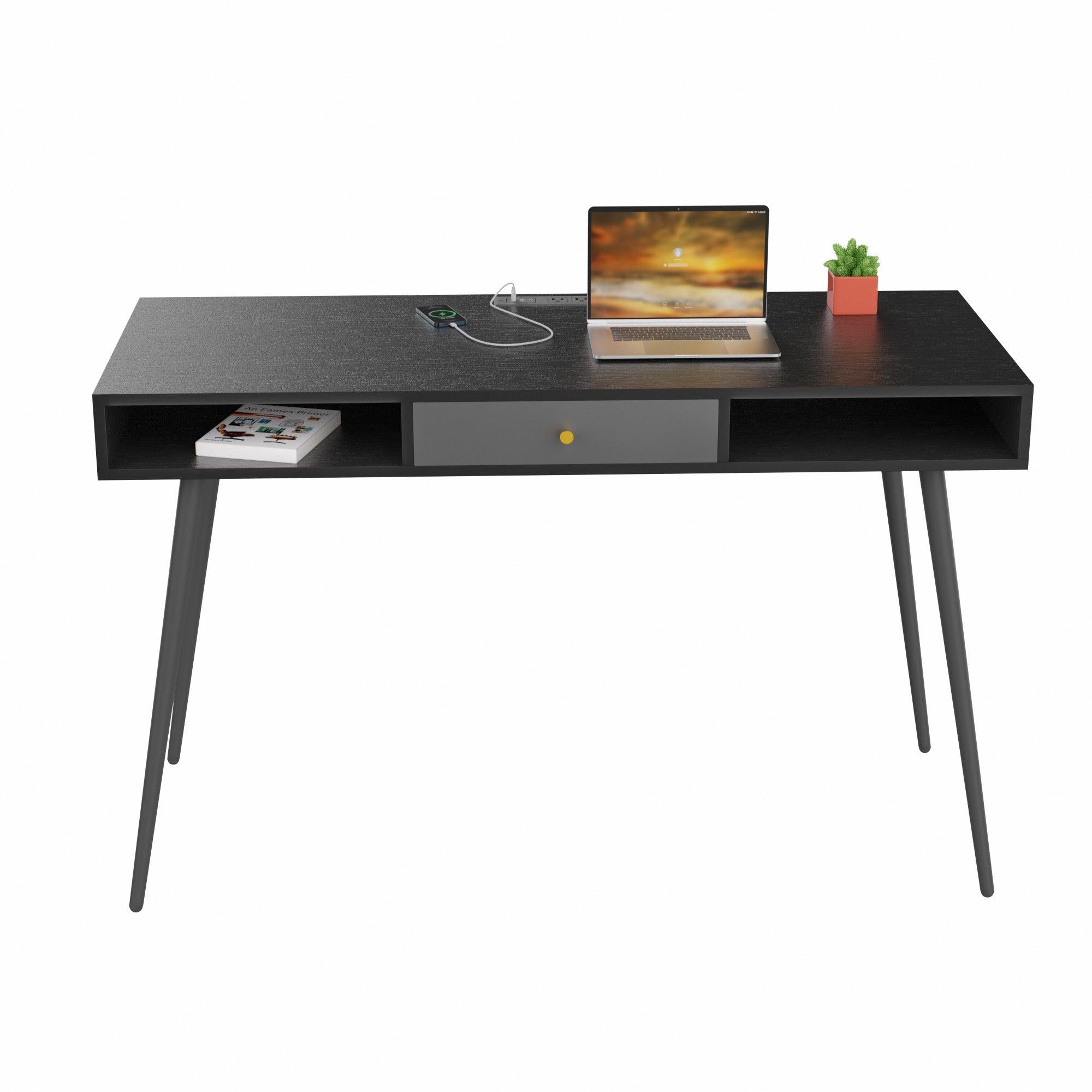 Mid Century Desk with USB Ports and Power Outlet,Modern Writing Study Desk with Drawers, Multifunctional Home Office Computer Desk Black