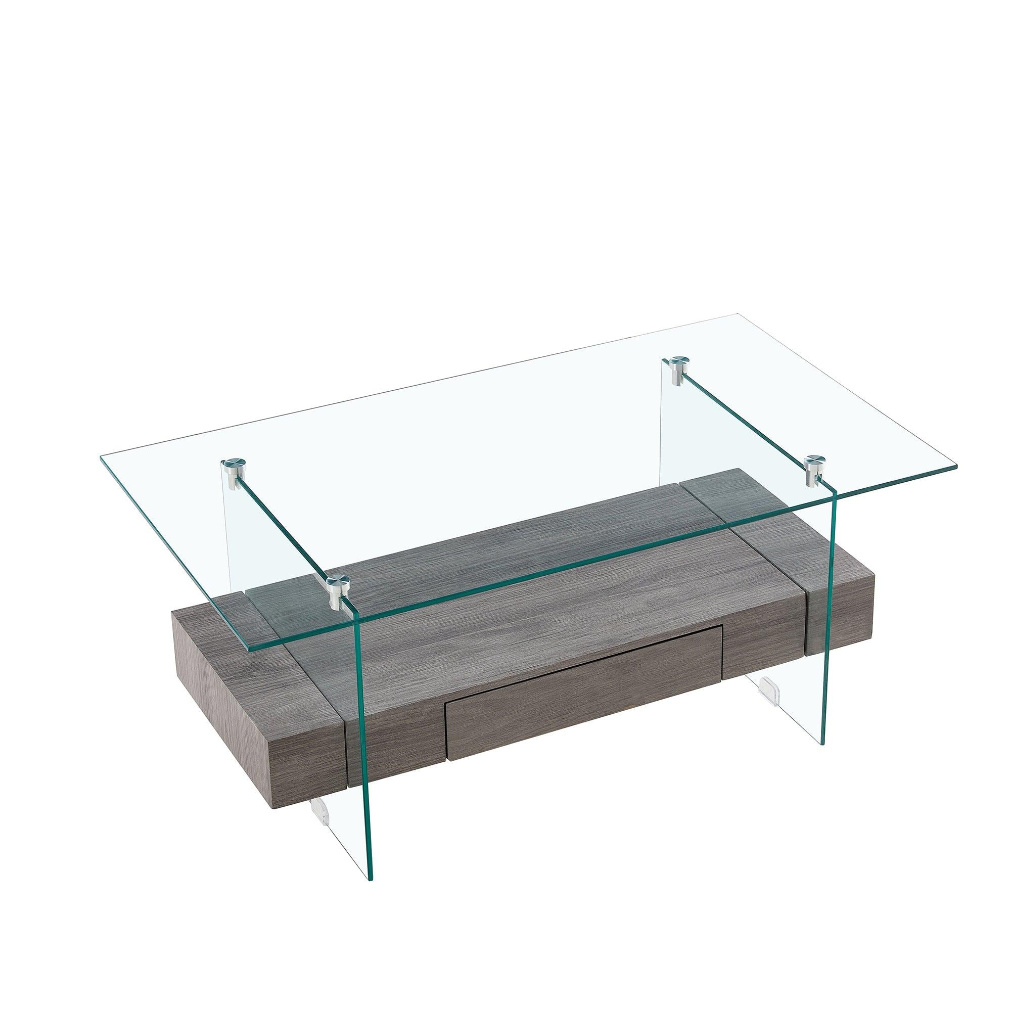 37.8" Tempered Glass Coffee table with Dual Shelves and MDF Drawer, Tea Table for living roon, bedroom，transparent/gray