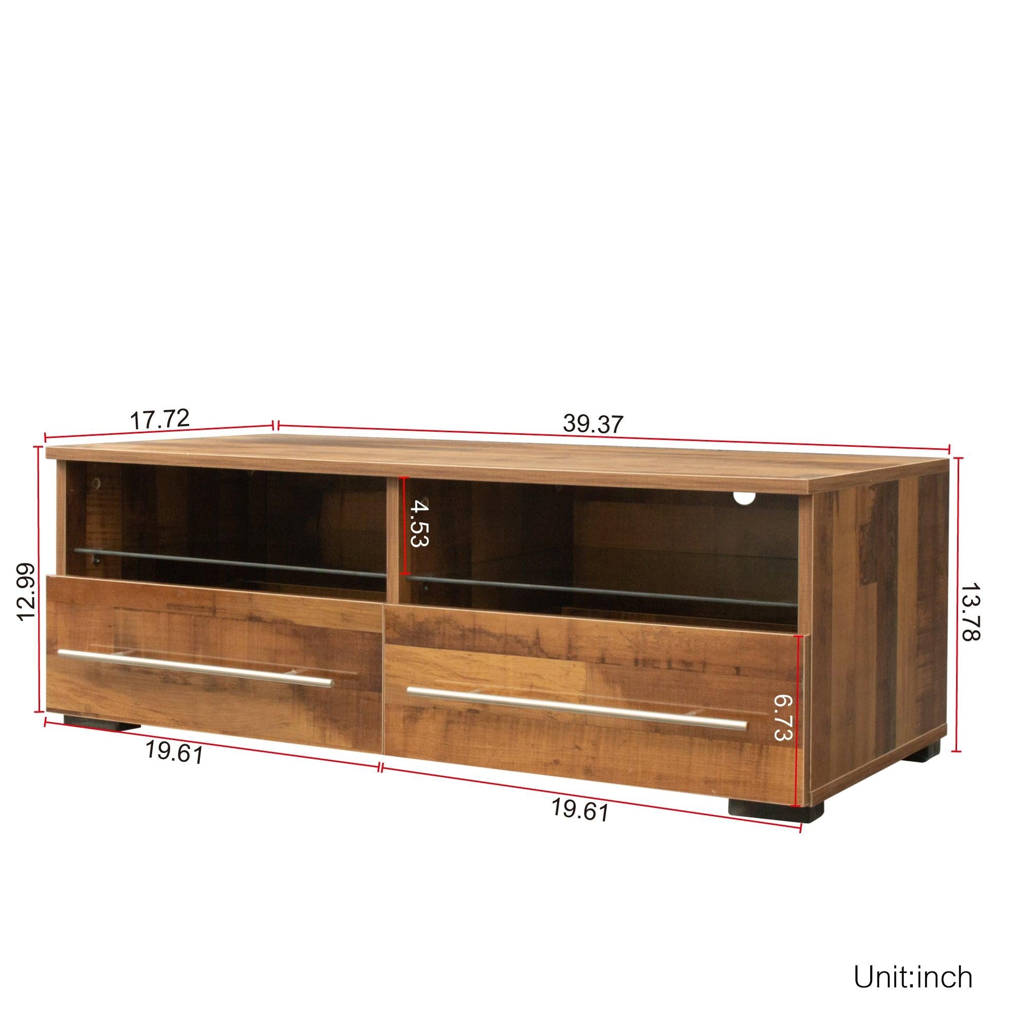 The Wood grain color TV cabinet has two drawers with color-changing light strips