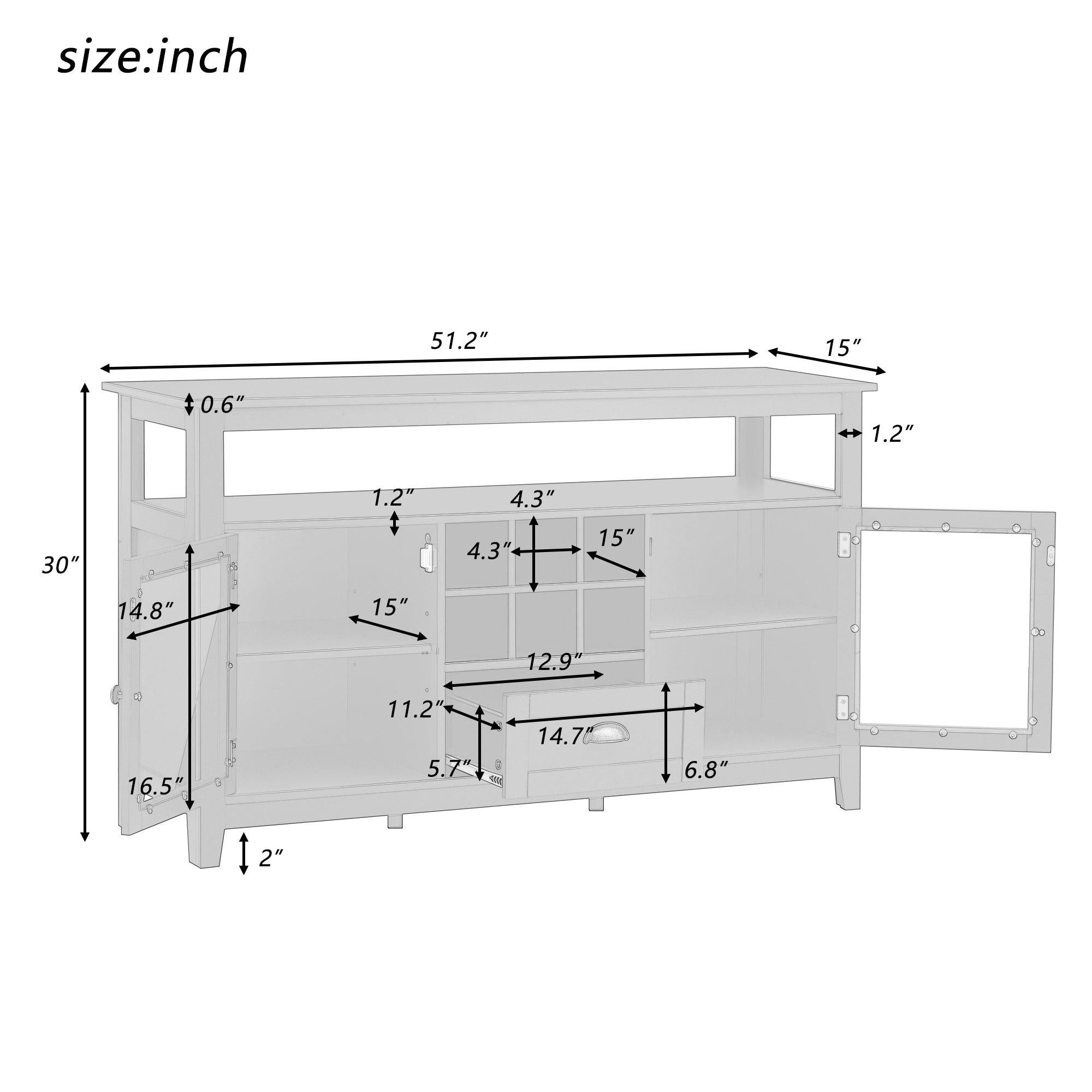 51.2’’Multifunctional LargeStorage capacity Cabinet Morden Console Table With Multiple SmallStorage Spaces for Living Room With with 2 Doors and 6 SmallStorage Grid