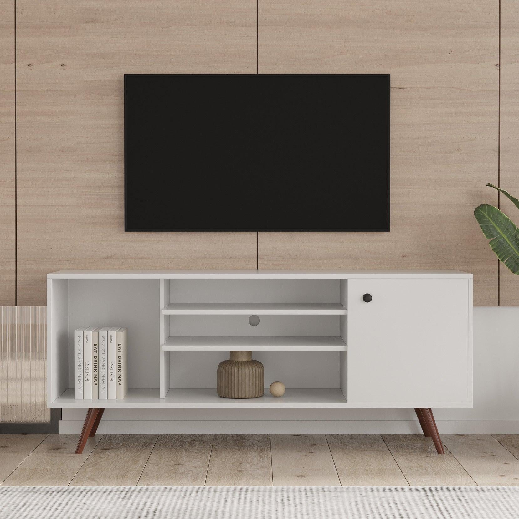 TV Stand Use in Living Room Furniture with 1Storage and 2 shelves Cabinet, high quality particle board,White