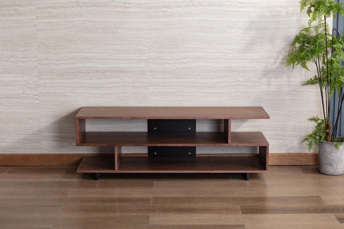 Iris Brown Walnut Finish TV Stand with 2 Levels of Shelves and Black Legs