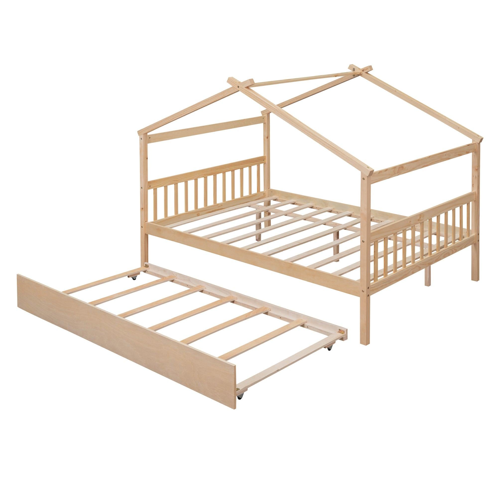 Full Size Wooden House Bed with Twin Size Trundle, Natural