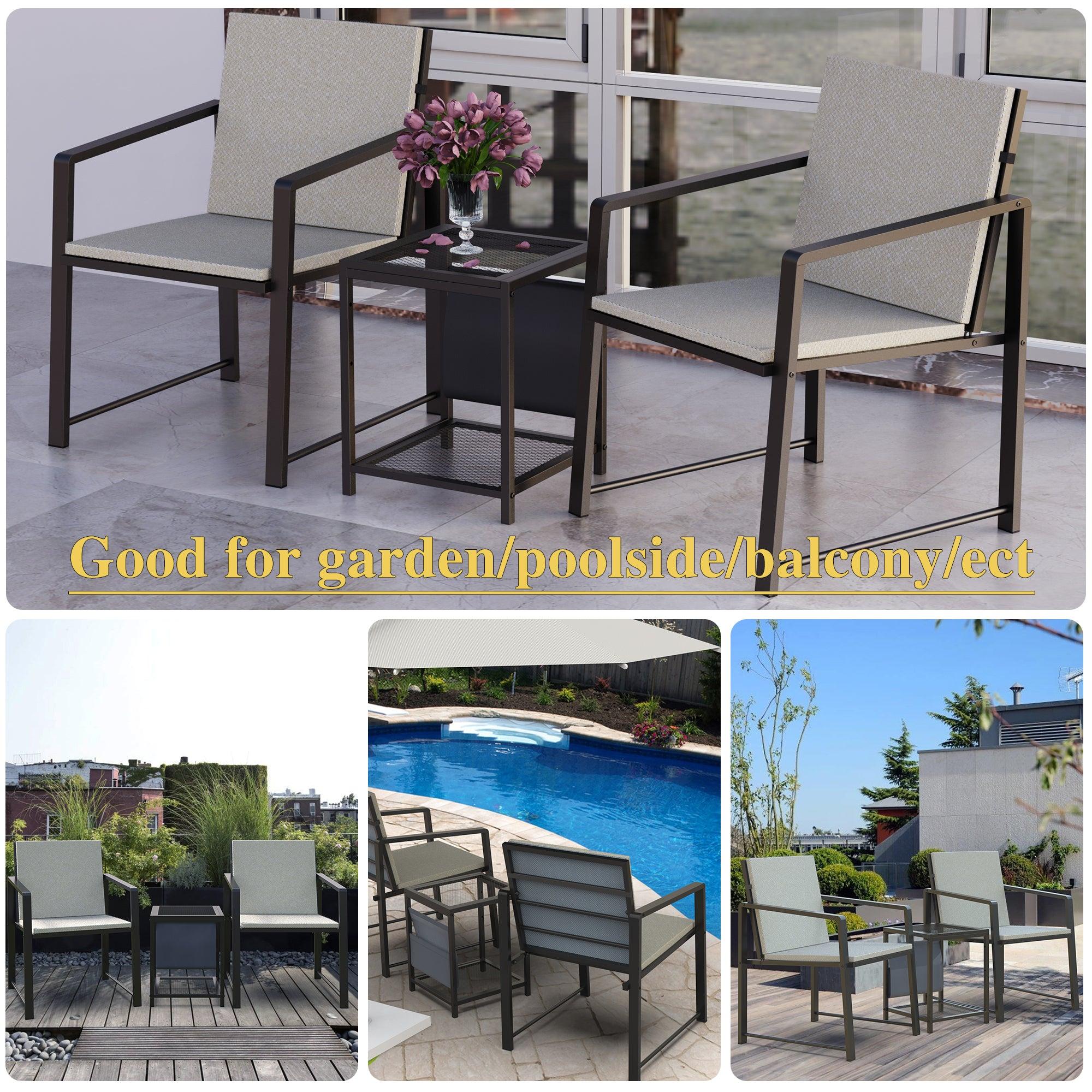 Outdoor Patio Furniture 3 pieces Set Garden Armchair Coffee Side Table,Black Frame,Modern Design