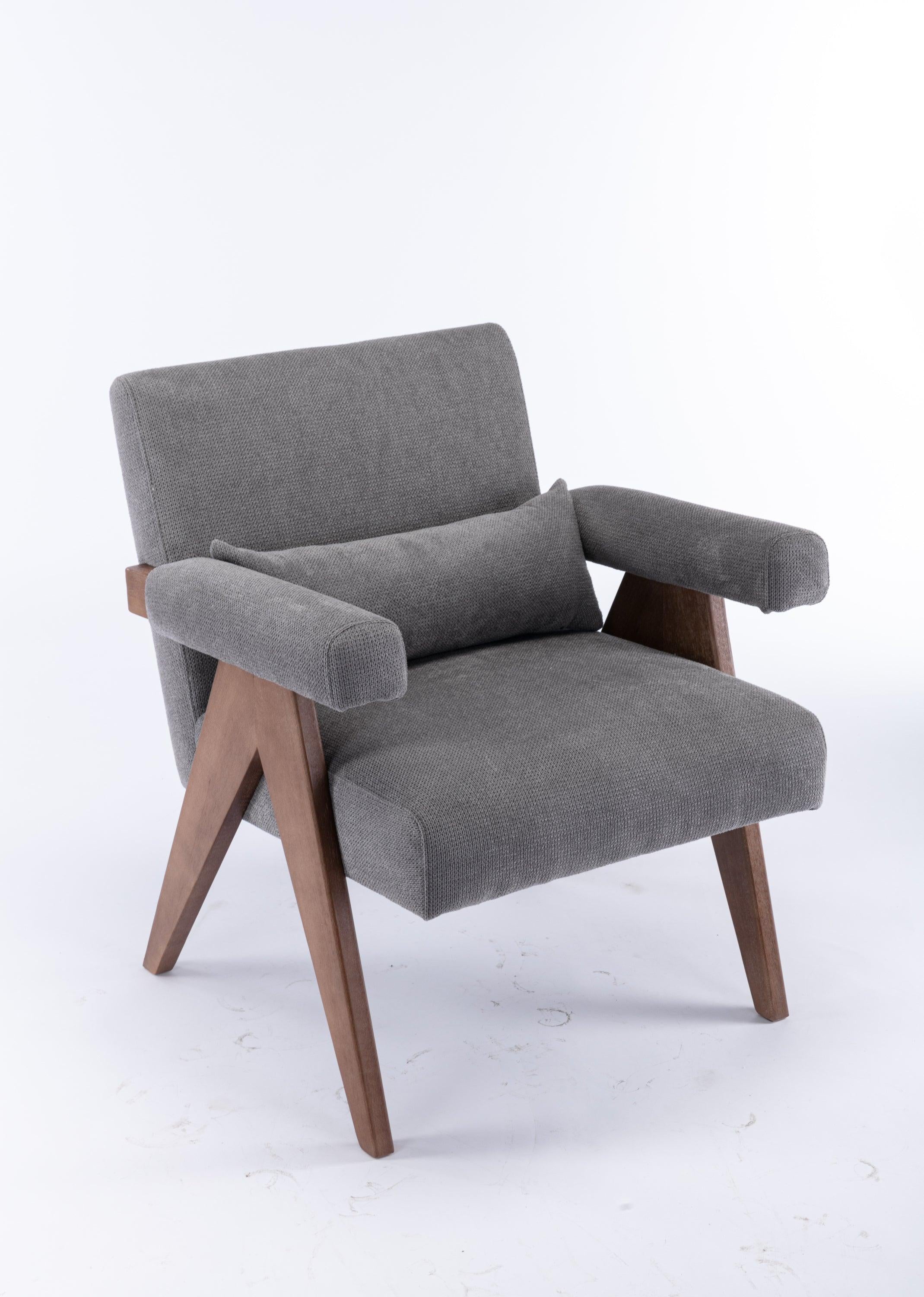 Accent chair, KD rubber wood legs with Walnut finish. Fabric cover the seat. With a cushion.Grey