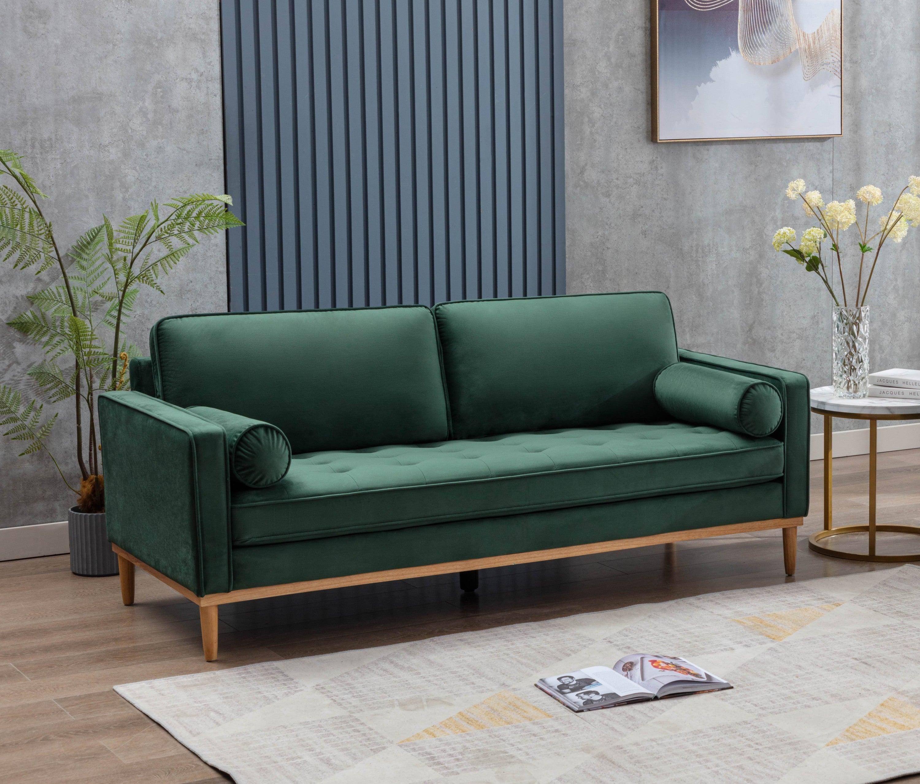 Fancy Style Living Room Furniture Green Velvet 1pc Sofa with Wooden Legs Pocket Coils Seating