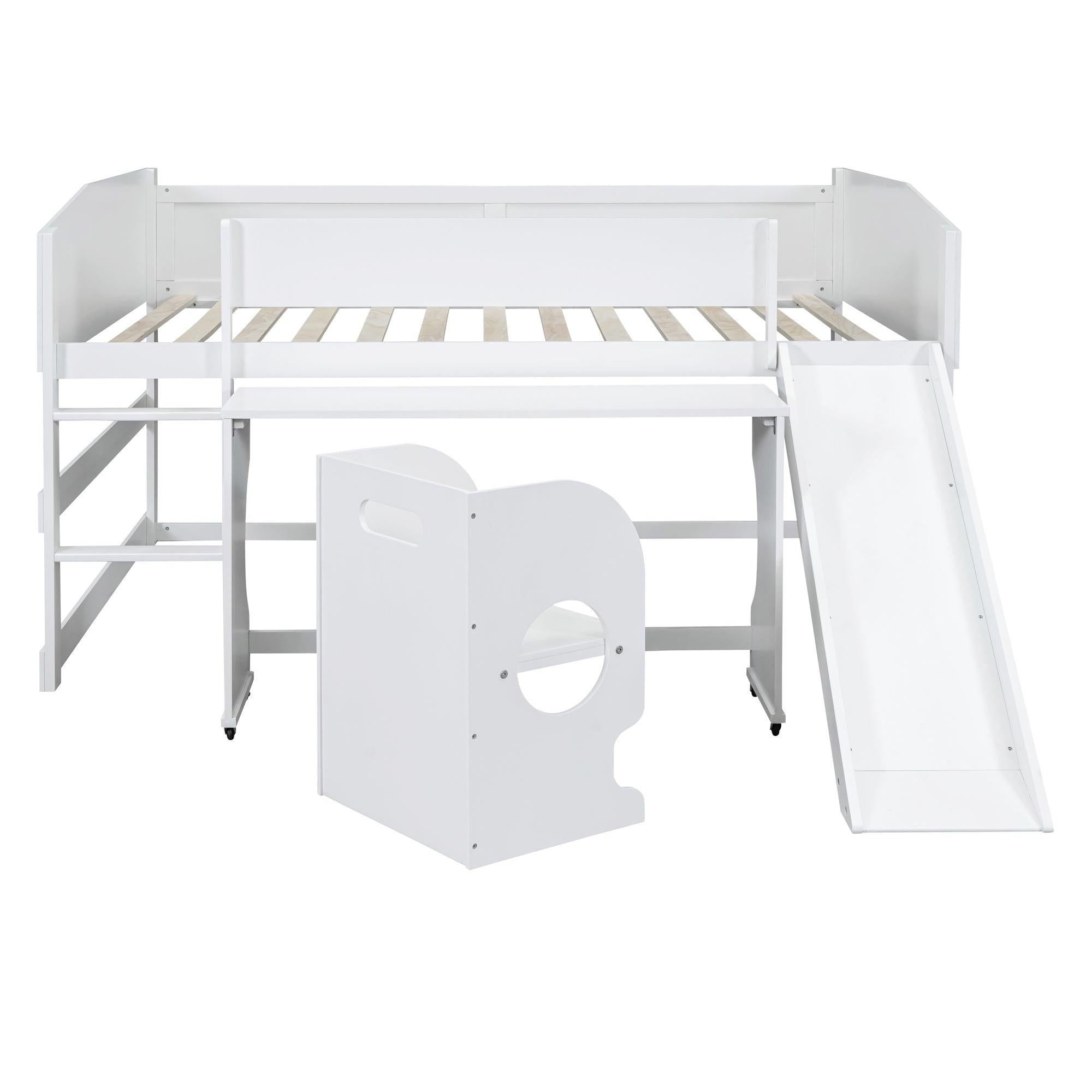 Low Study Full Loft Bed with Rolling Portable Desk and Chair,Multiple Functions Bed- White