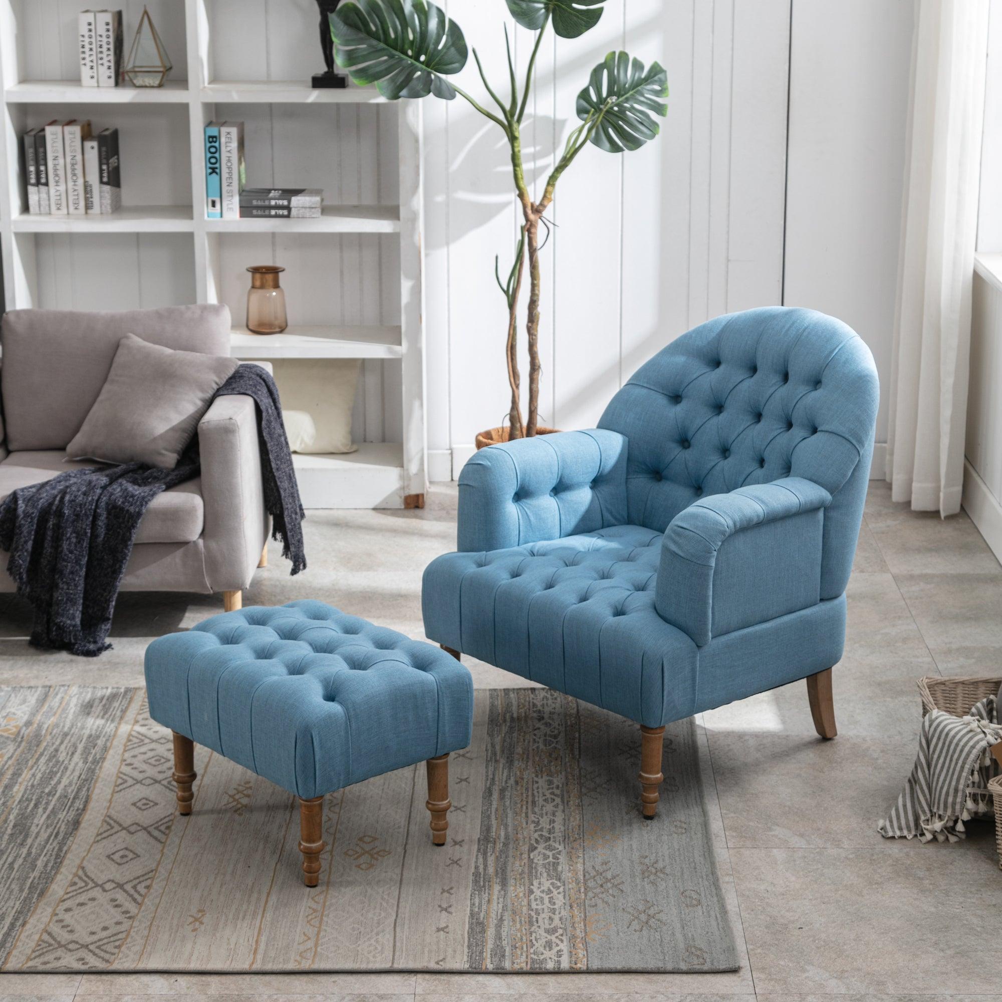 Accent Chair,Button-Tufted Upholstered Chair Set ,Mid CenturyModern Chair with Linen Fabric and Ottoman for Living Room Bedroom Office Lounge,Blue