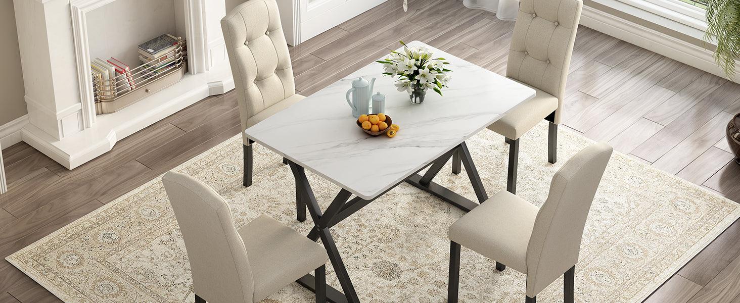 Solid Wood 5-Piece Dining Table Set with Faux Marble Tabletop and Upholstered Dining Chairs for 4, Faux Marble White+Beige