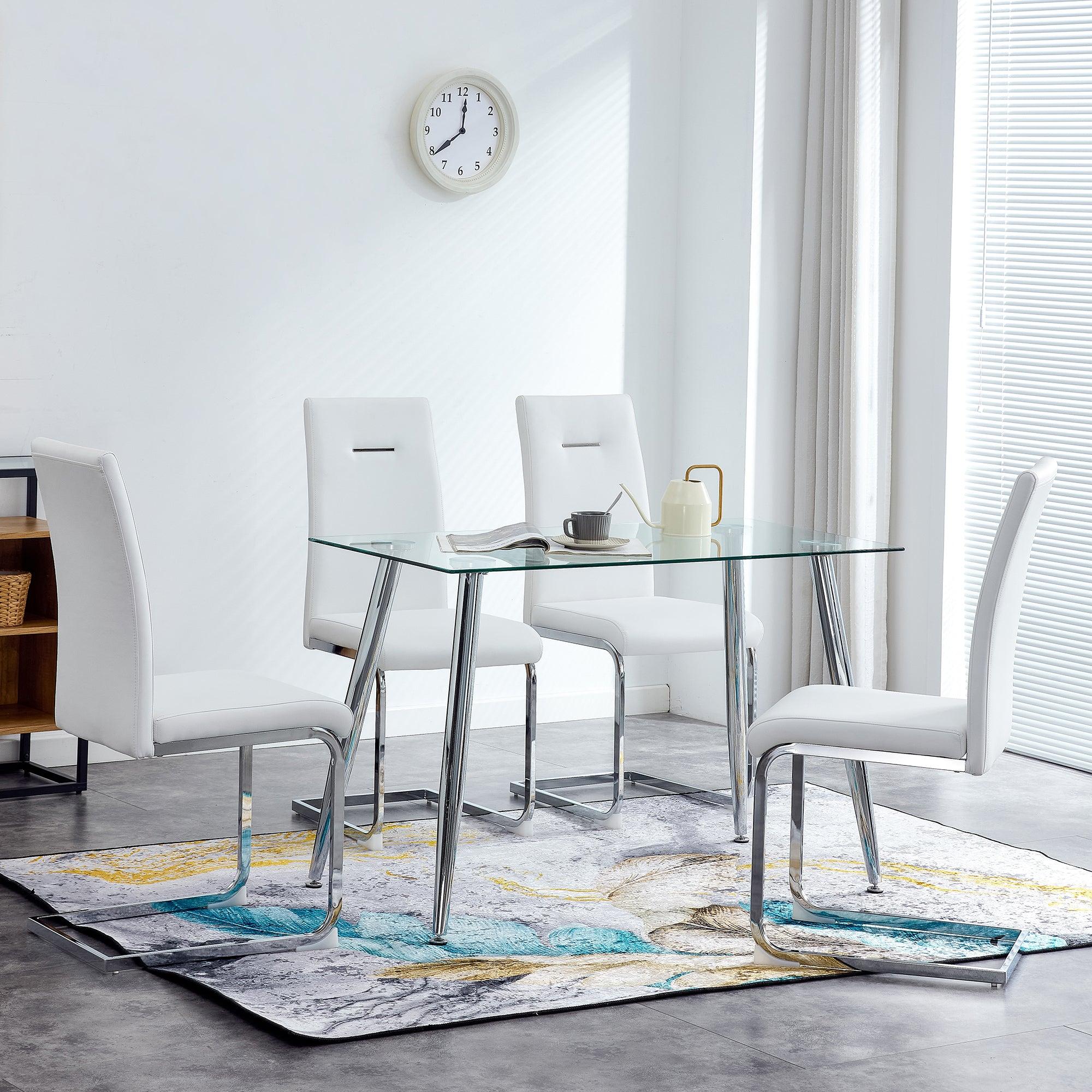 Glass Dining Table, Dining Chair set, 4 White  Dining Chairs and 1 Dining Table .Table Size 51" W x 31"D x 30" H