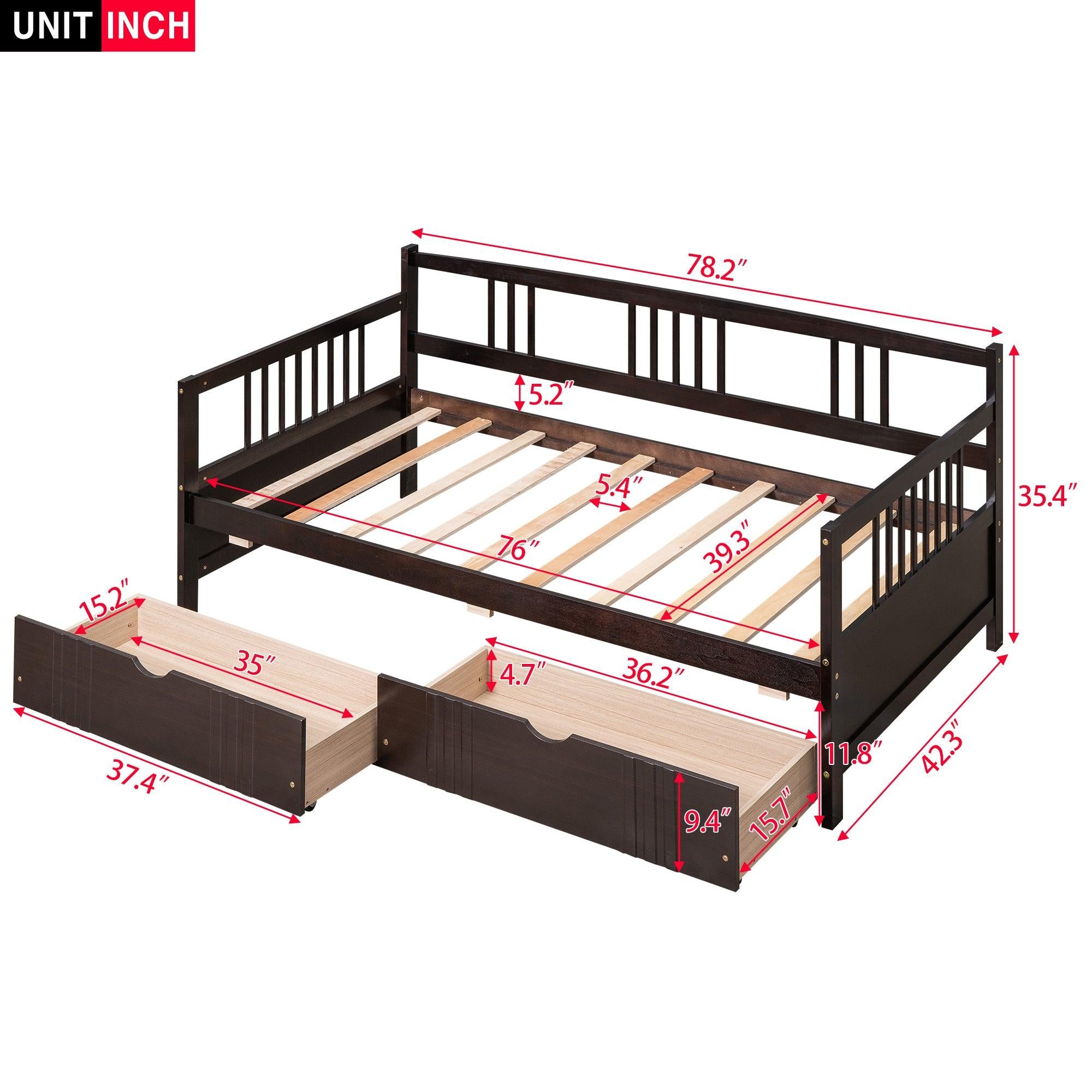 Twin Size Daybed Wood Bed with Two Drawers,Espresso