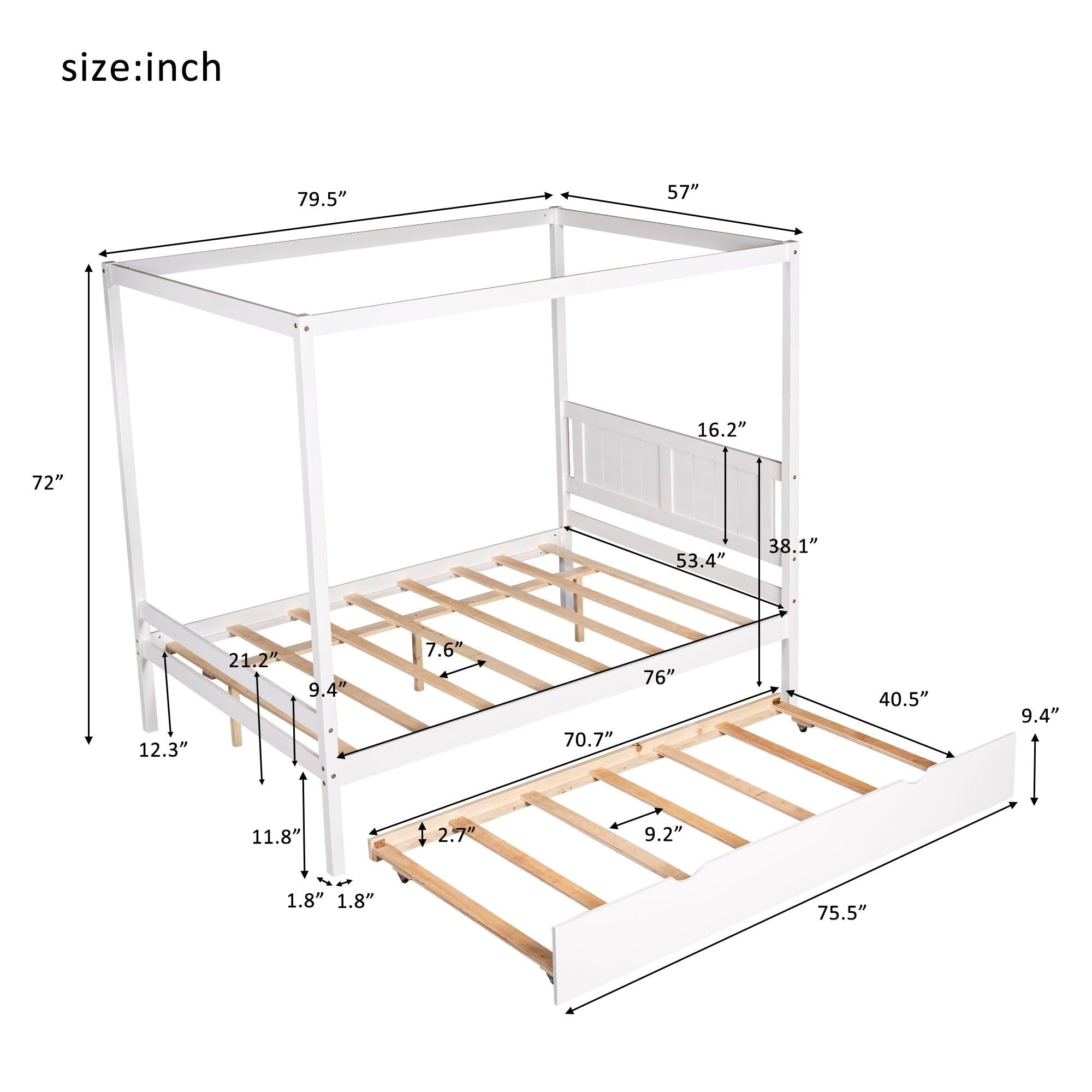 Full Size Canopy Platform Bed with Trundle,With Slat Support Leg,White