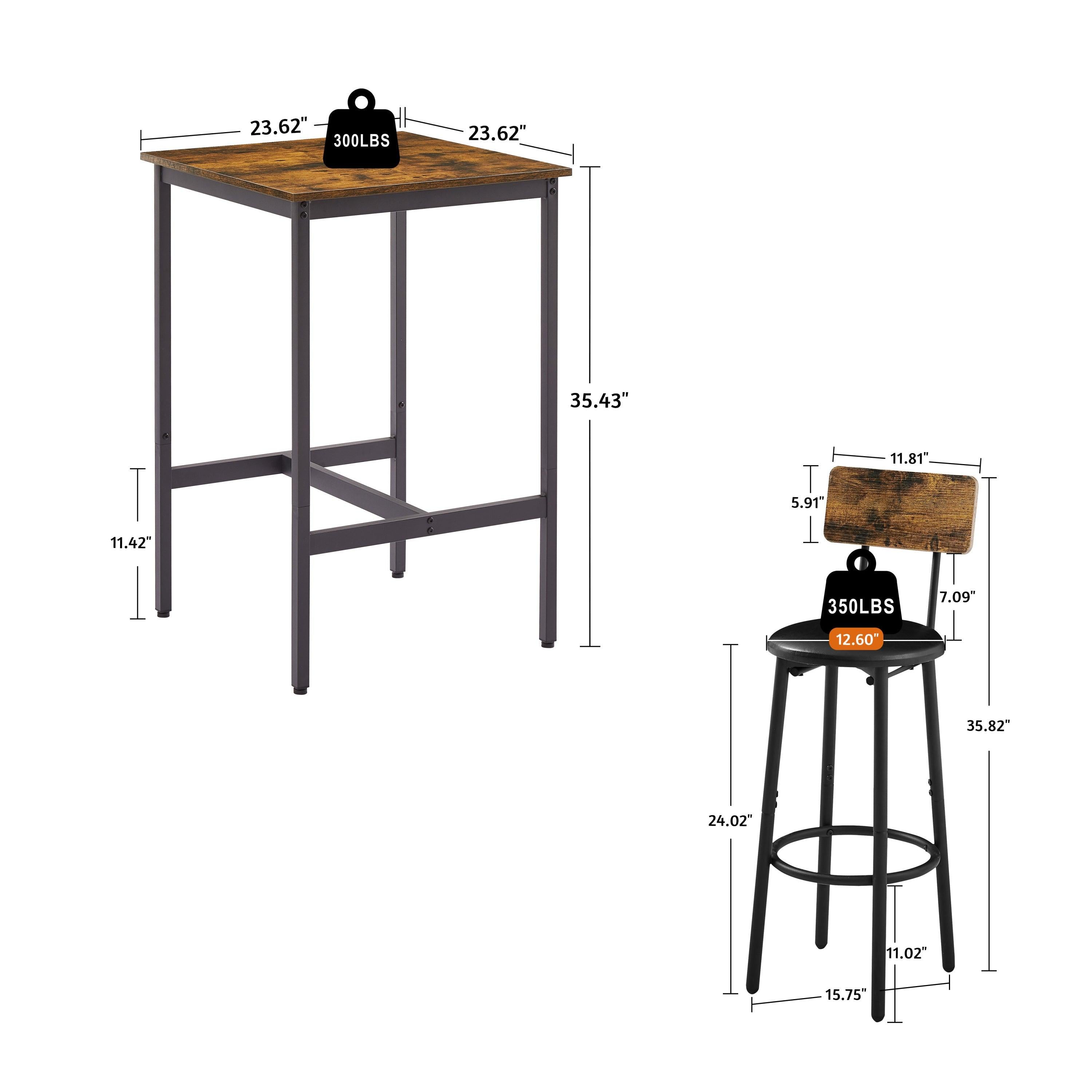 Bar Table Set with 2 Bar stools PU Soft seat with backrest (Rustic Brown，23.62’’w x 23.62’’d x 35.43’’h)