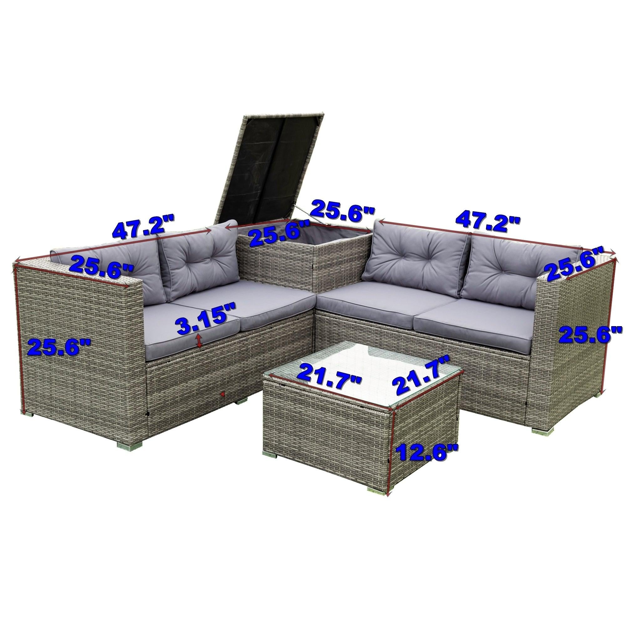 4 Piece Patio Sectional Wicker Rattan Outdoor Furniture Sofa Set withStorage Box Grey