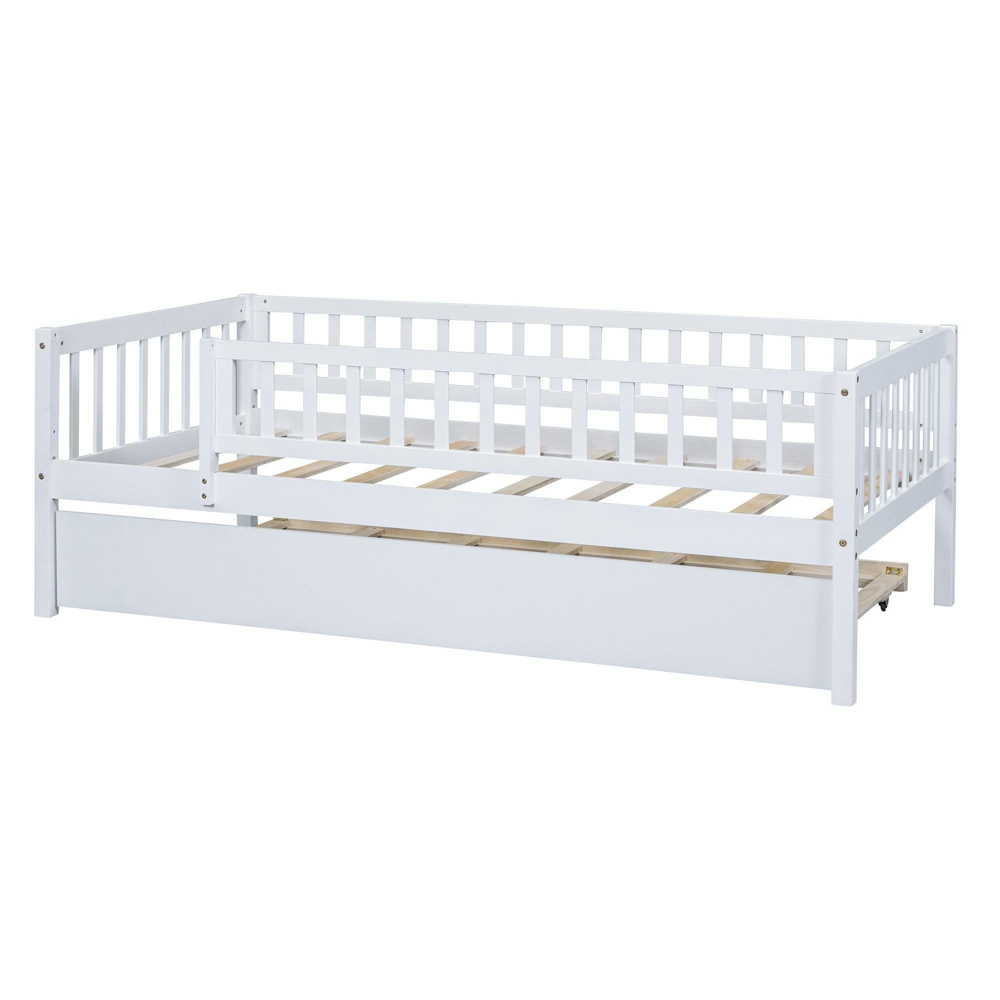 Twin Size Wood Daybed with Trundle and Fence Guardrails, White