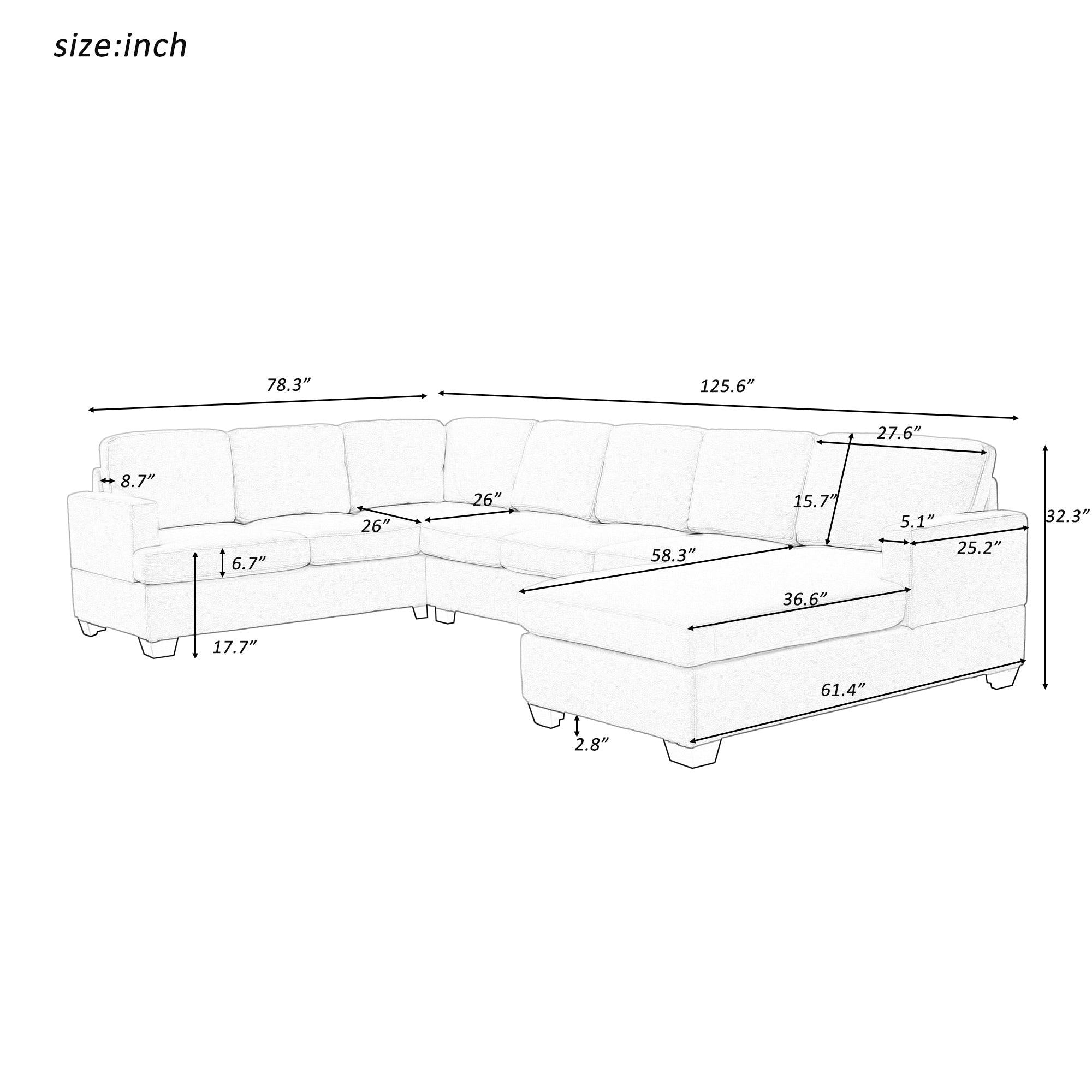 Modern Large Upholstered  U-Shape Sectional Sofa, Extra Wide Chaise Lounge Couch,  Grey