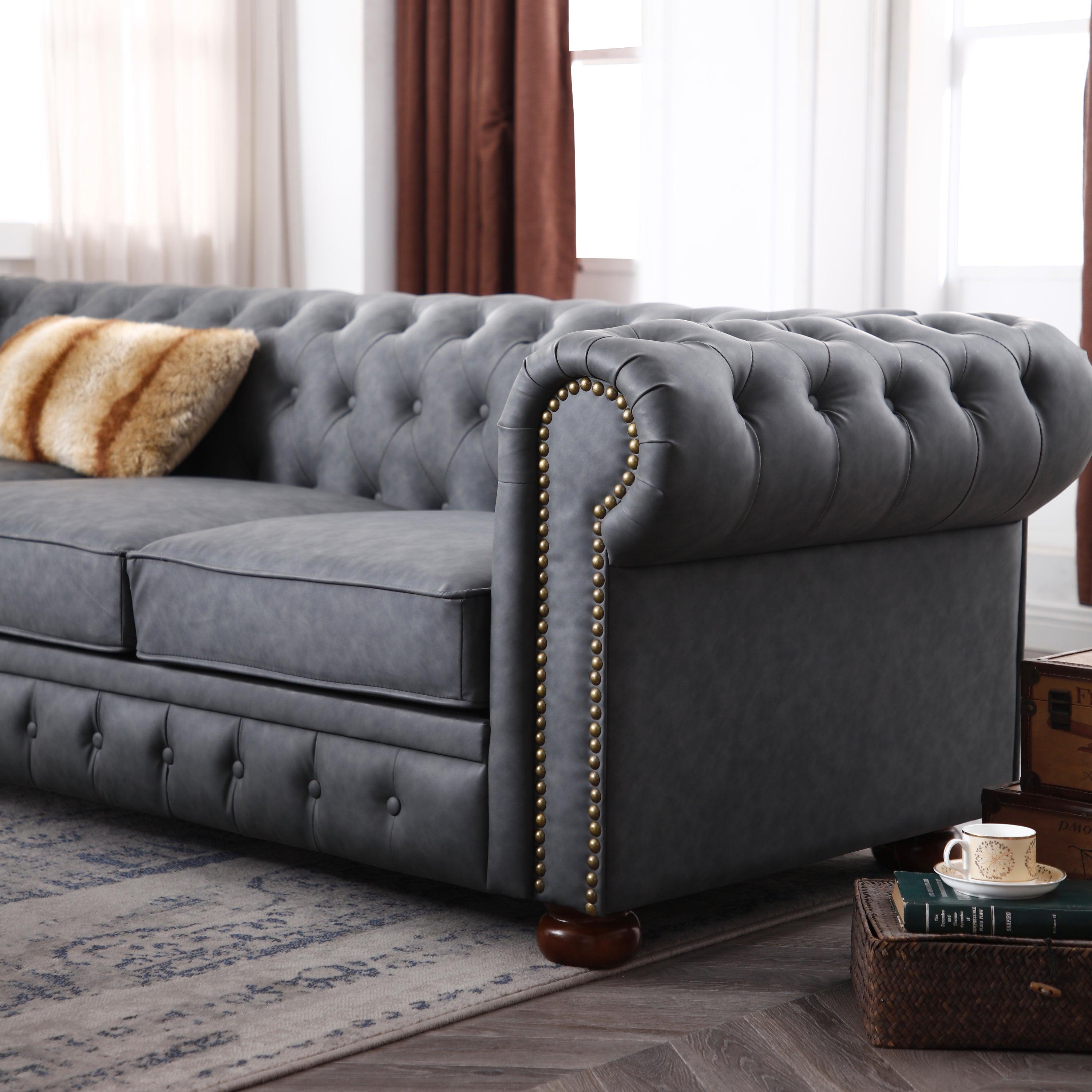 Classic Chesterfield Sofa Dark Grey Faux Leather