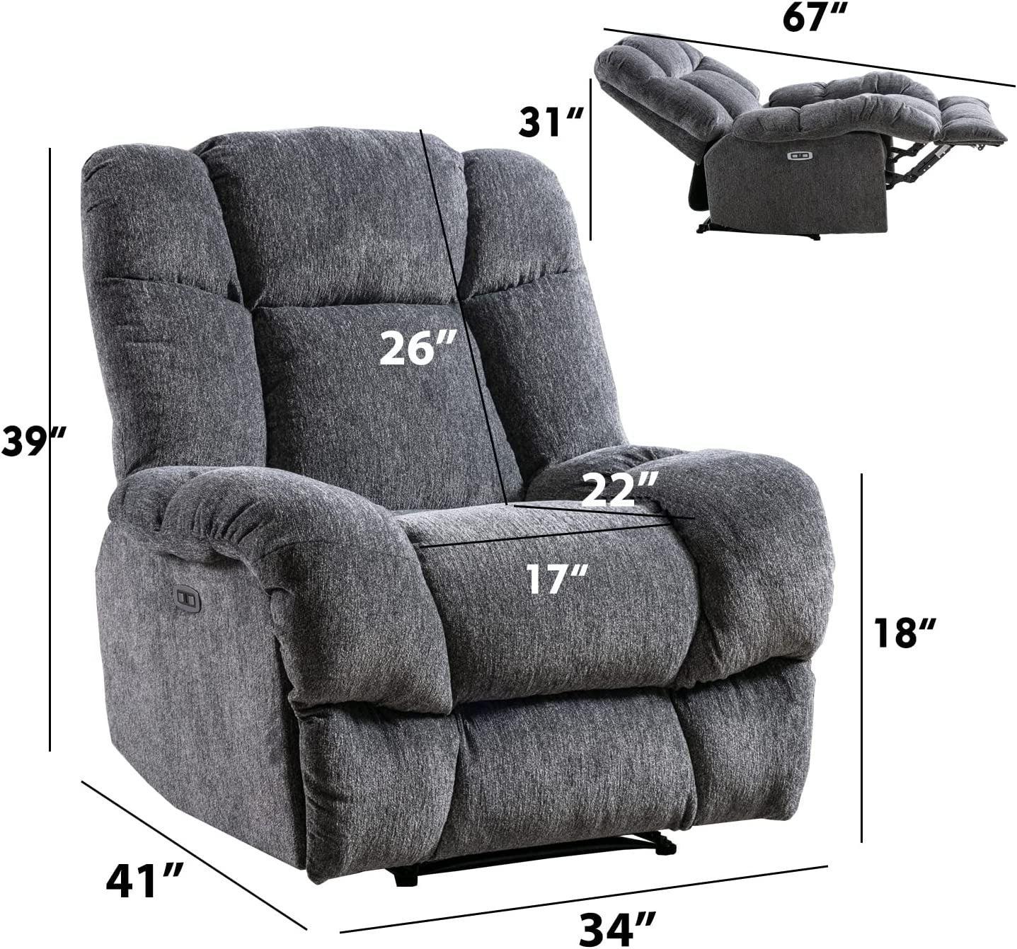 Electric Power Recliner Chairs with USB Charge Port, Electric Reclining Recliner with Upholstered Seat, Overstuffed Reclining Sofa Recliner for Living Room Bedroom (Dark Grey)