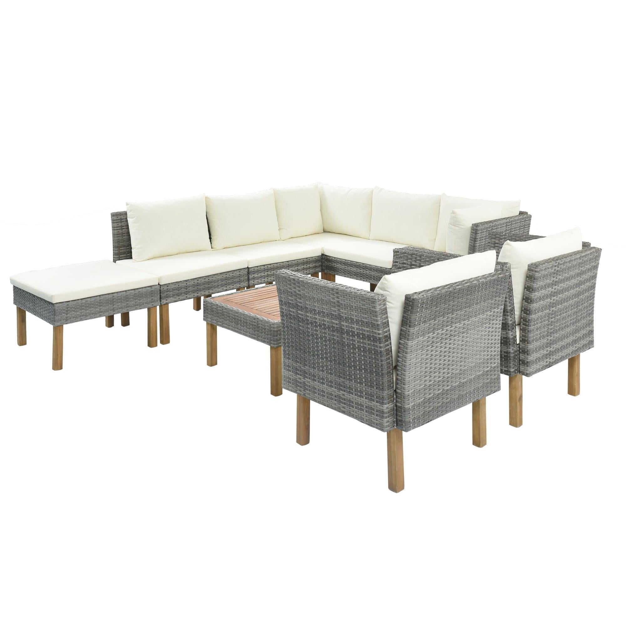 9-Piece Outdoor Patio Garden Wicker Sofa Set, Gray PE Rattan Sofa Set, with Wood Legs, Acacia Wood Tabletop, Armrest Chairs with Beige Cushions