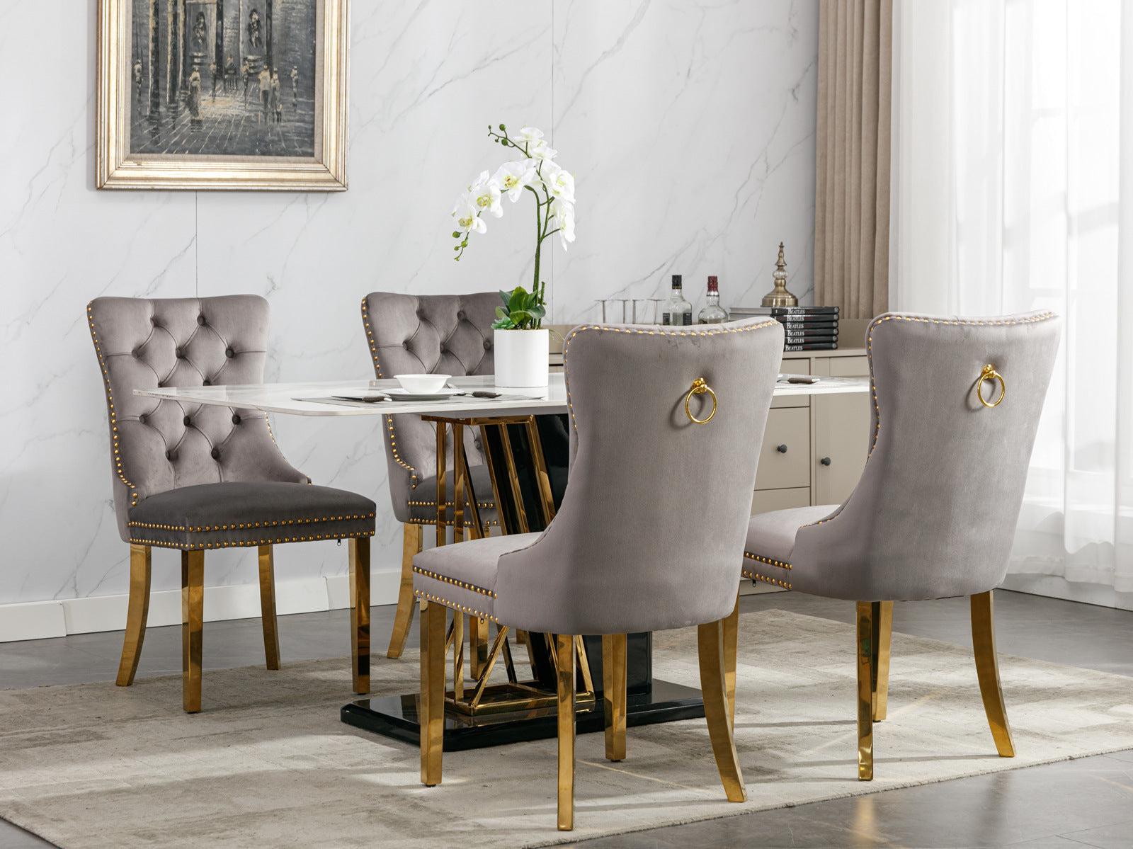 Nikki CollectionModern, High-end Tufted Solid Wood Contemporary Velvet Upholstered Dining Chair with Golden Stainless Steel Plating Legs,Nailhead Trim,Set of 2,Gray and Gold, SW1601GY