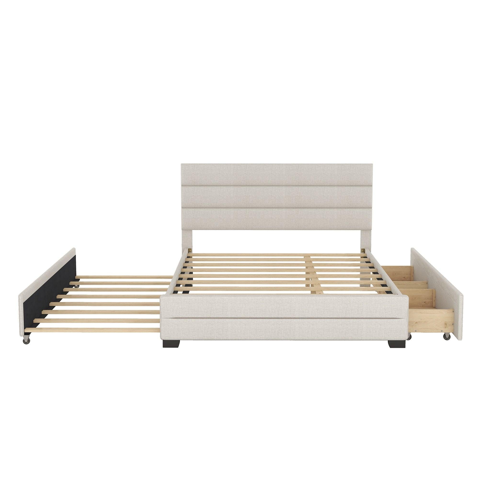 Queen Upholstered Platform Bed with Twin Size Trundle and Two Drawers, Beige