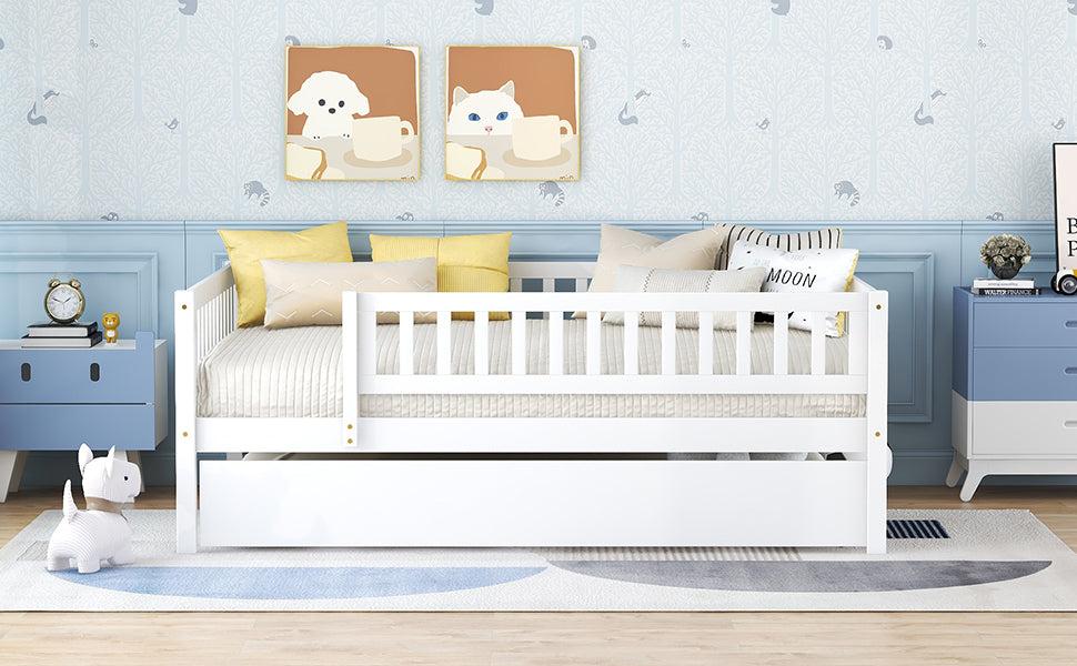 Full Size Wood Daybed with Trundle and Fence Guardrails, White