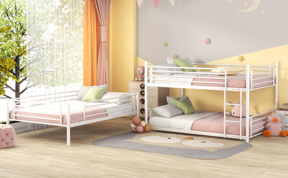 Full-Full-Full Metal  Triple Bed  with Built-in Ladder, Divided into Three Separate Beds,White