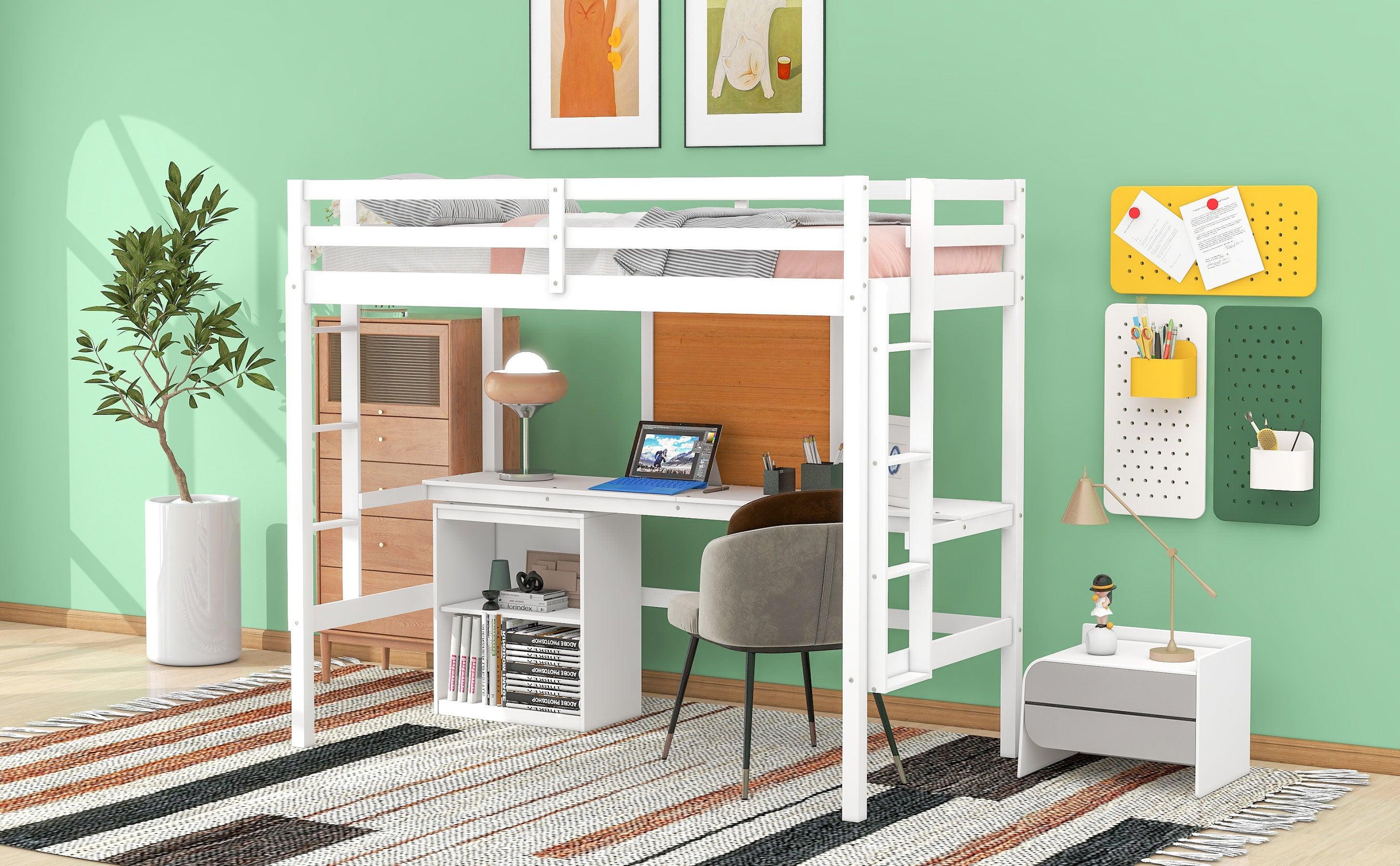 Twin size Loft Bed with Desk and Writing Board, Wooden Loft Bed with Desk & 2 Drawers Cabinet- White