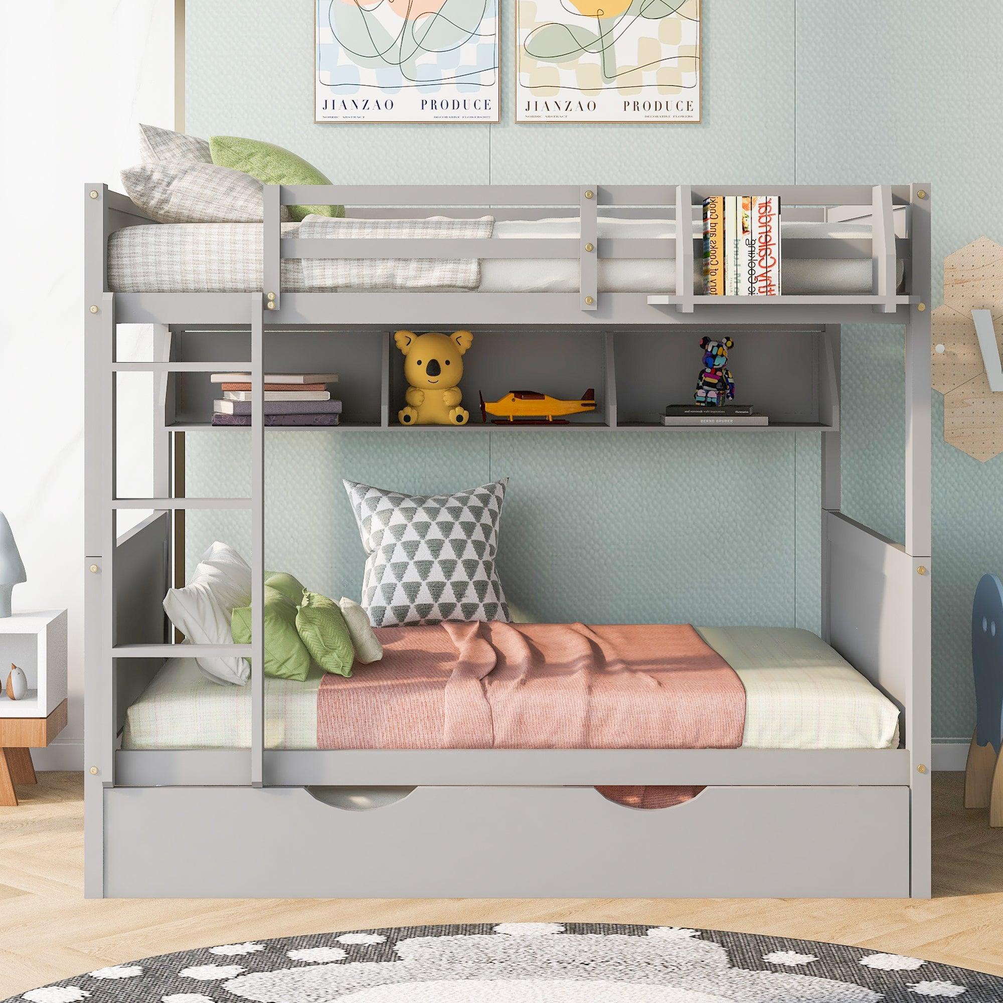 Full-Over-Full Bunk Bed with Twin size Trundle , Separable Bunk Bed with Bookshelf for Bedroom-Gray