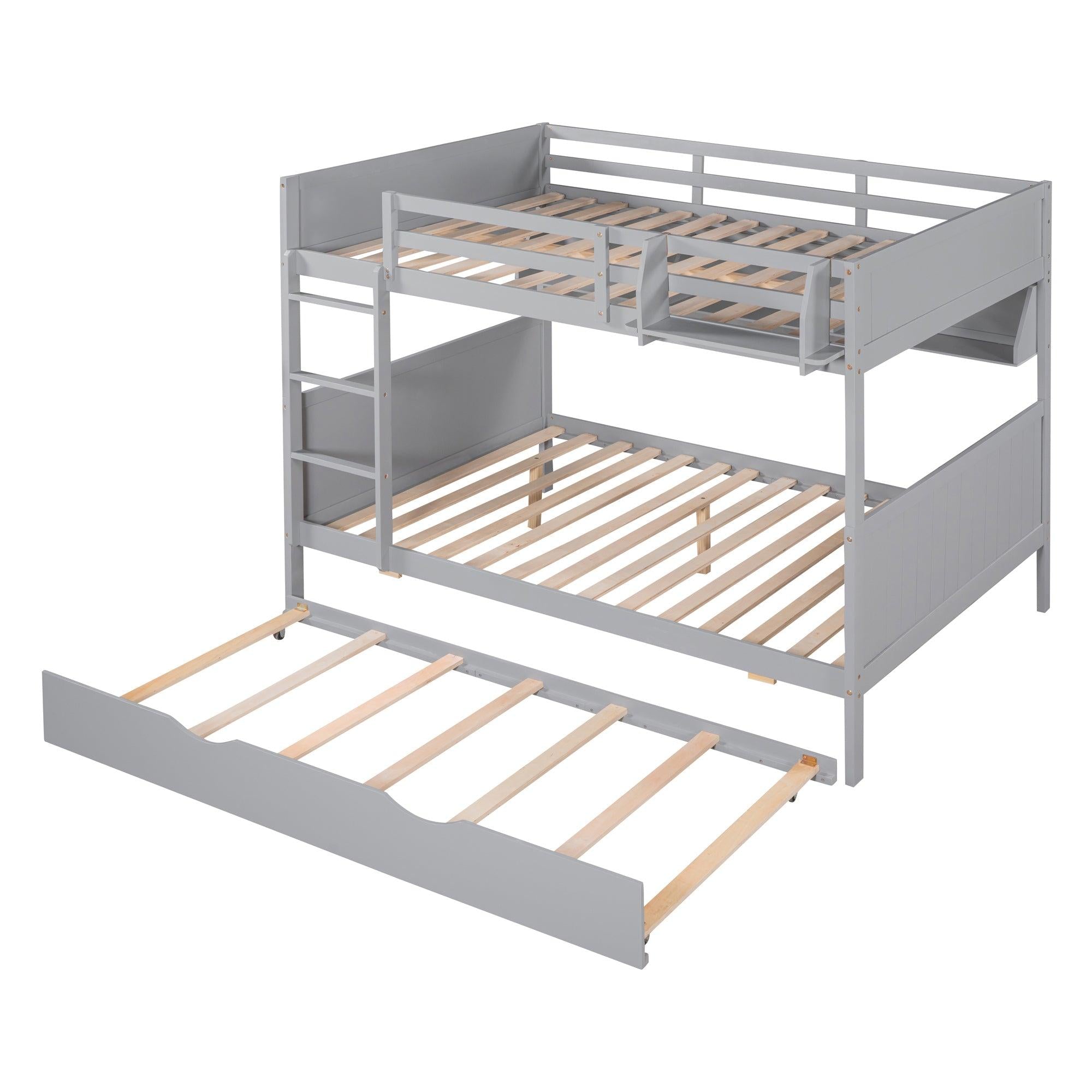 Full-Over-Full Bunk Bed with Twin size Trundle , Separable Bunk Bed with Bookshelf for Bedroom-Gray