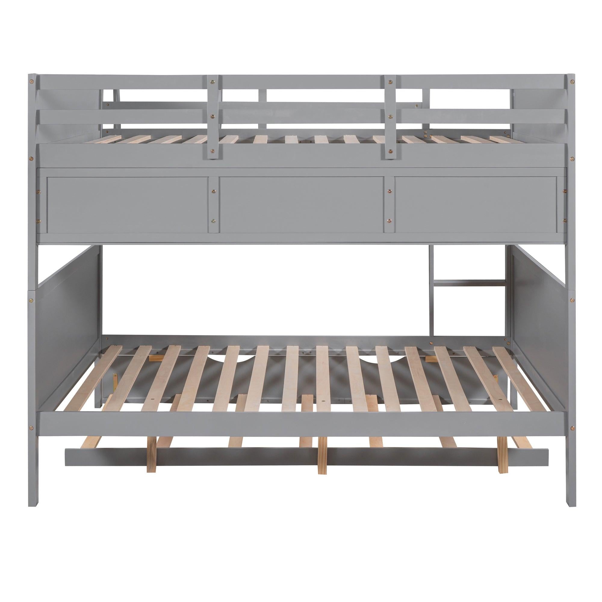 Full-Over-Full Bunk Bed with Twin size Trundle , Separable Bunk Bed with Bookshelf for Bedroom-Gray