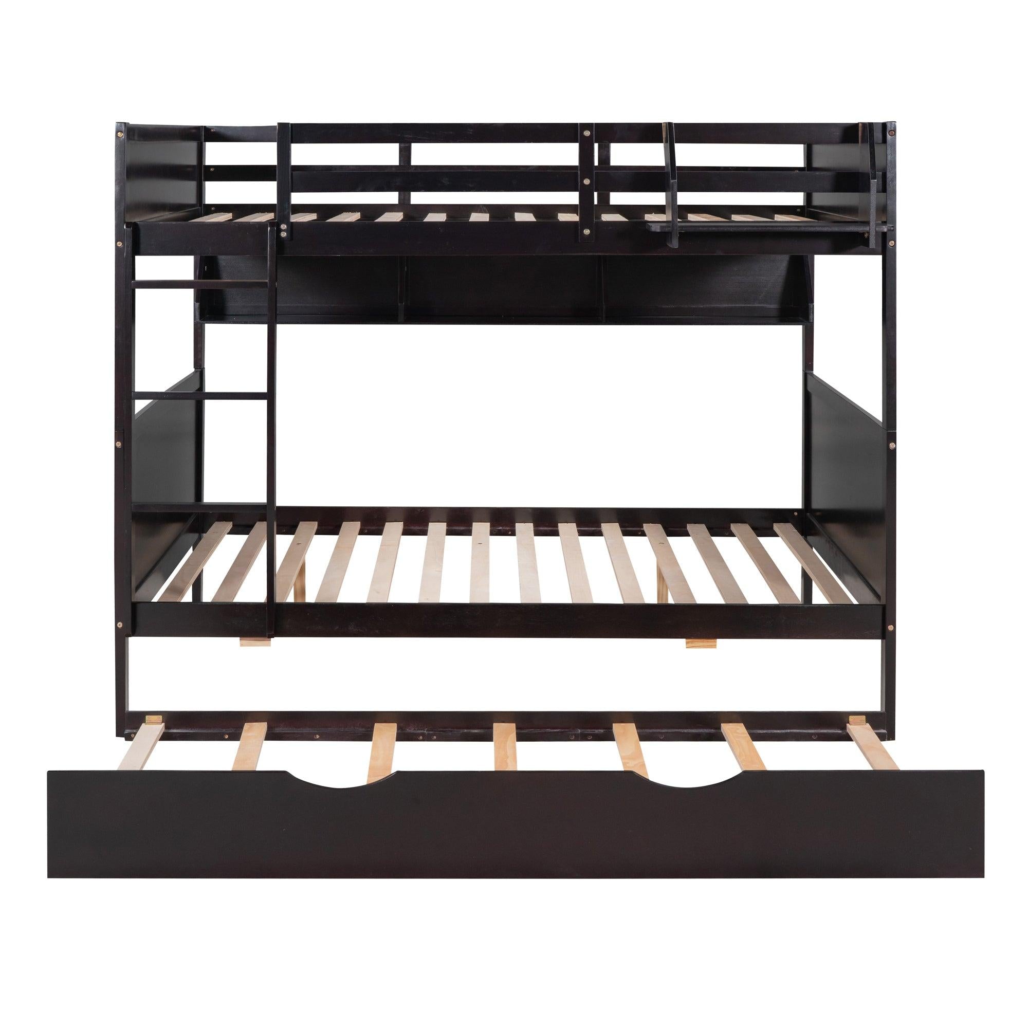 Full-Over-Full Bunk Bed with Twin size Trundle , Separable Bunk Bed with Bookshelf for Bedroom-Espresso