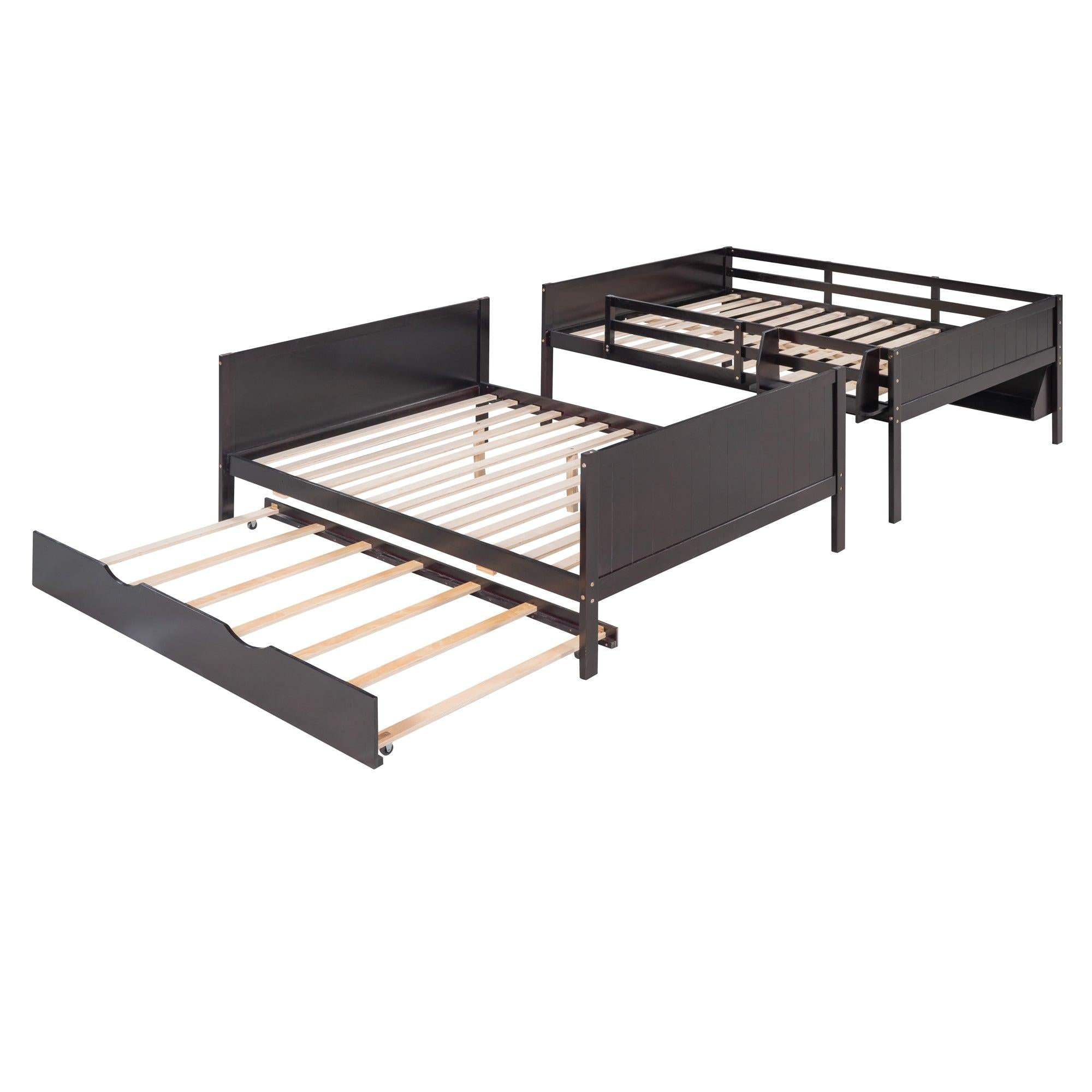 Full-Over-Full Bunk Bed with Twin size Trundle , Separable Bunk Bed with Bookshelf for Bedroom-Espresso