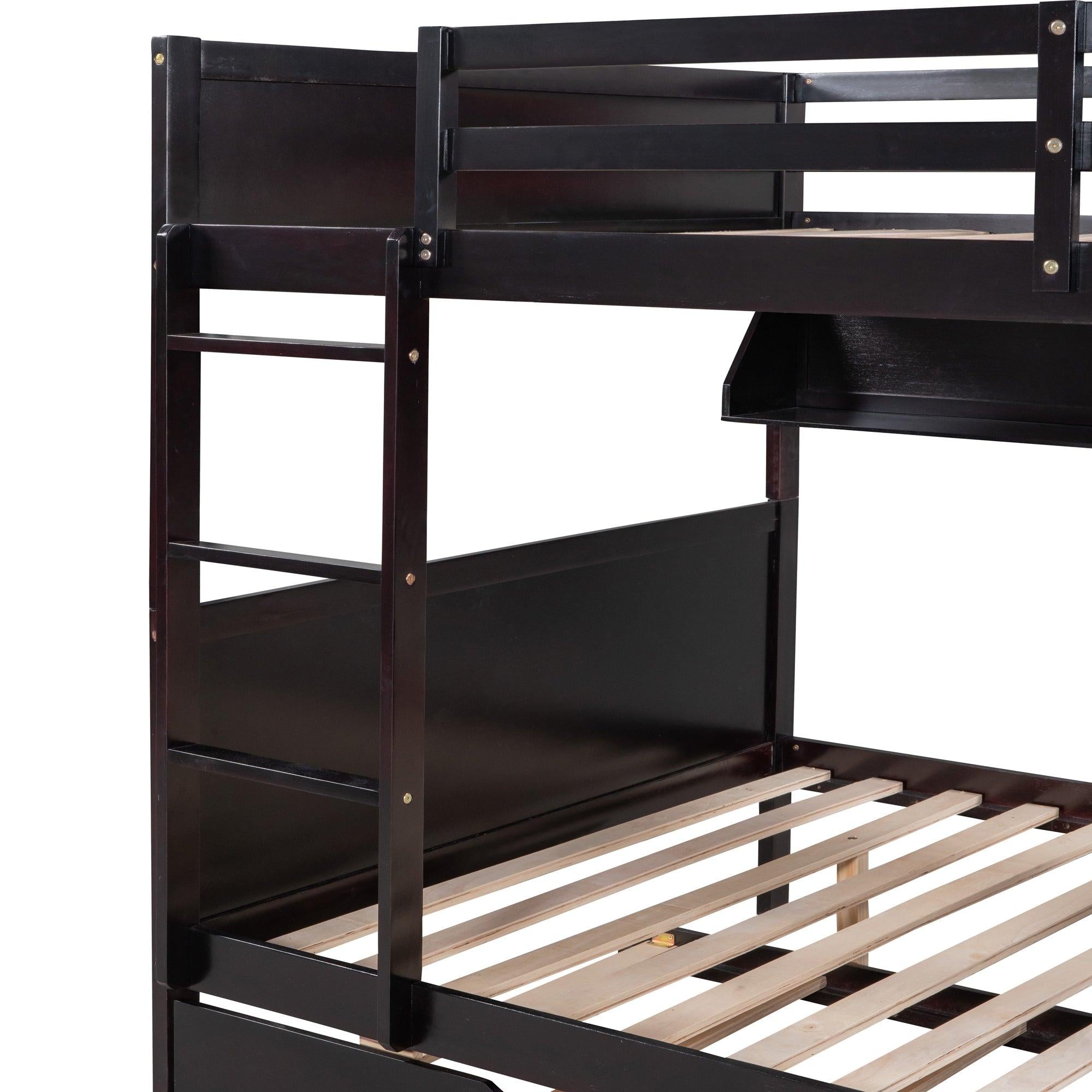 Full-Over-Full Bunk Bed with Twin size Trundle , Separable Bunk Bed with Bookshelf for Bedroom-Espresso